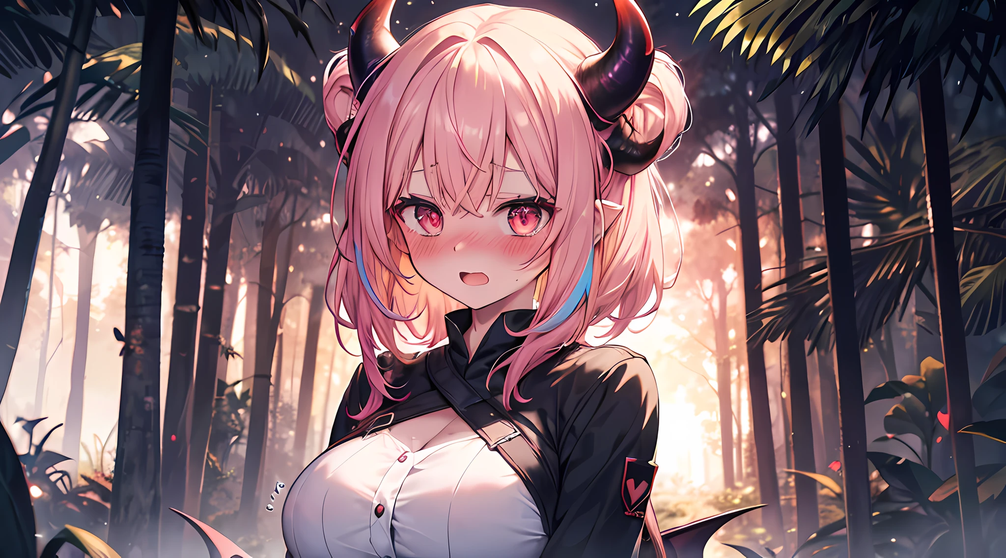 (1 demon girl), front lighting, demon horns, adventurer uniform, big breast, detailed face, walking in tropical forest on daytime, multicolored hair, black hairpins, (blushing: 1.5), open mouth, hand holding her breast, heart eyes, (full body:0.6), front lighting, 8k, masterpiece, ultra HD,