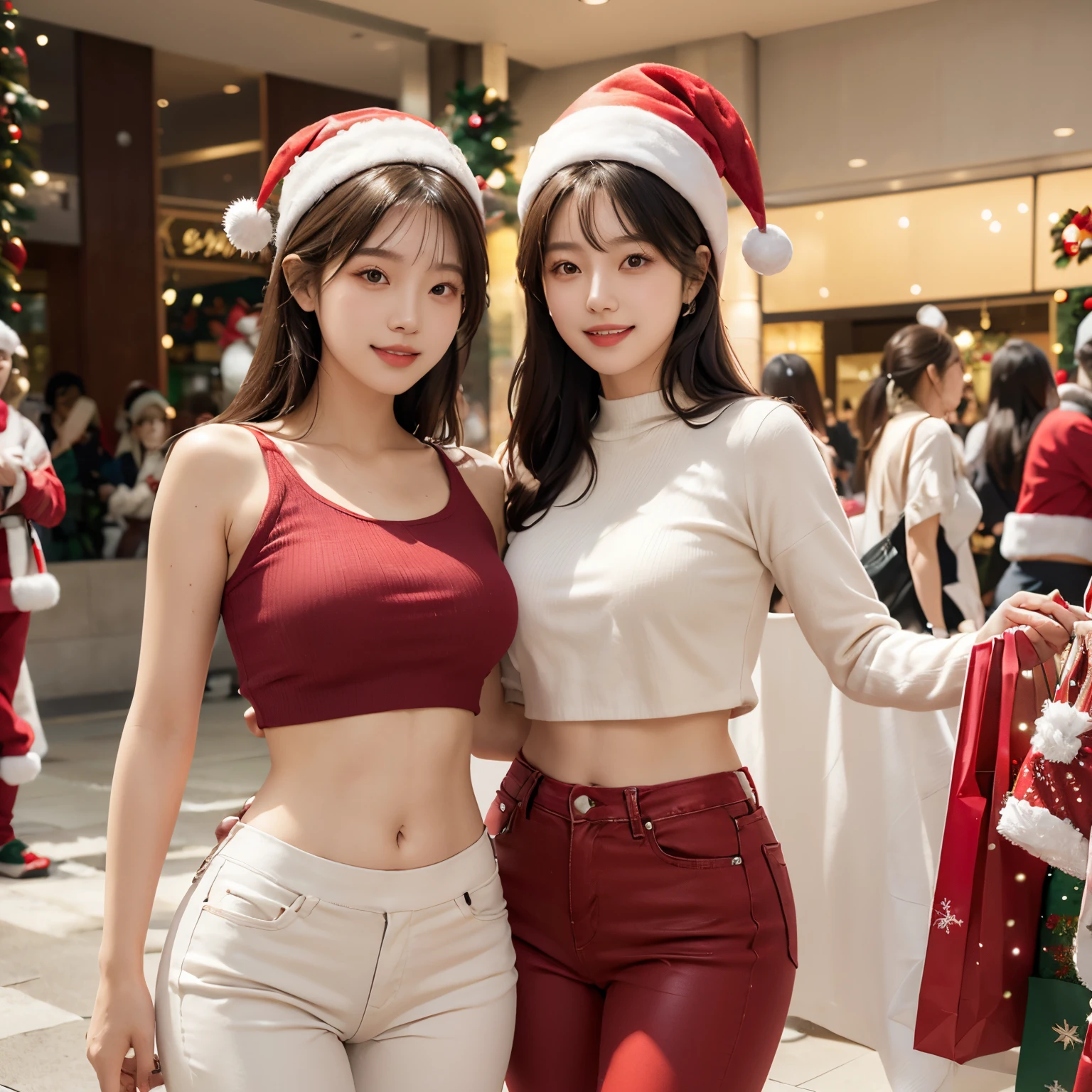 Masterpiece, Raw photo,Super chubby 1 Asian girl, kpop idol, ((top quality, 8k, masterpiece, crisp focus, beautiful girl with perfect figure: 1.4, highly detailed face and skin texture, detailed eyes, ((skinny)), beautiful face, symmetrical face, full-length, sweet smile,full body shoot, sweet smile, wearing Christmas Suit, Super realistic, red Thong jeans pants and white crop top, wearing Christmas hats, beautiful Christmas Party background in the shopping mall