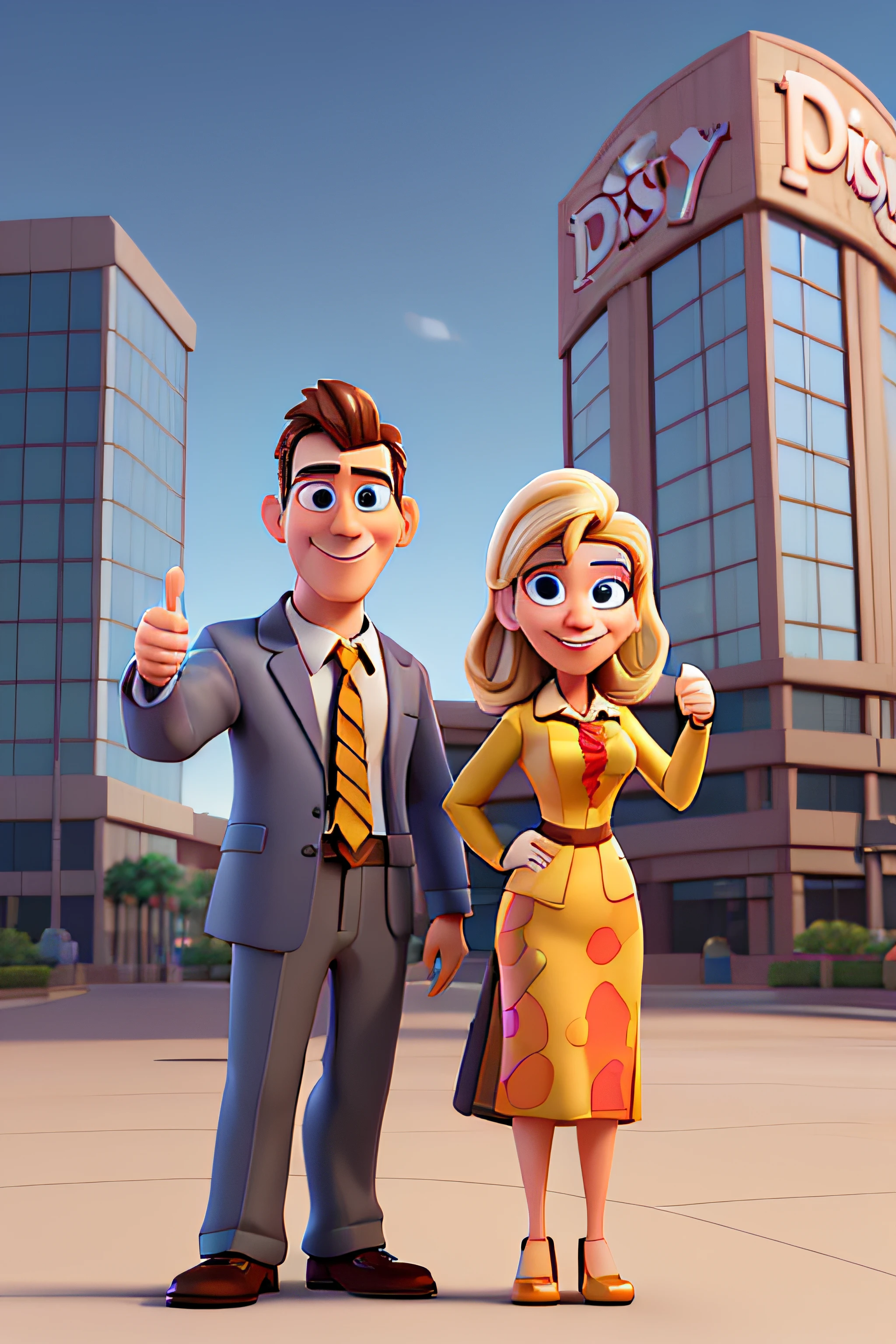a man and a woman dressed as businesspeople in front of a building, dando um sinal de polegar para cima, Banner estilo 3D da Pixar Disney