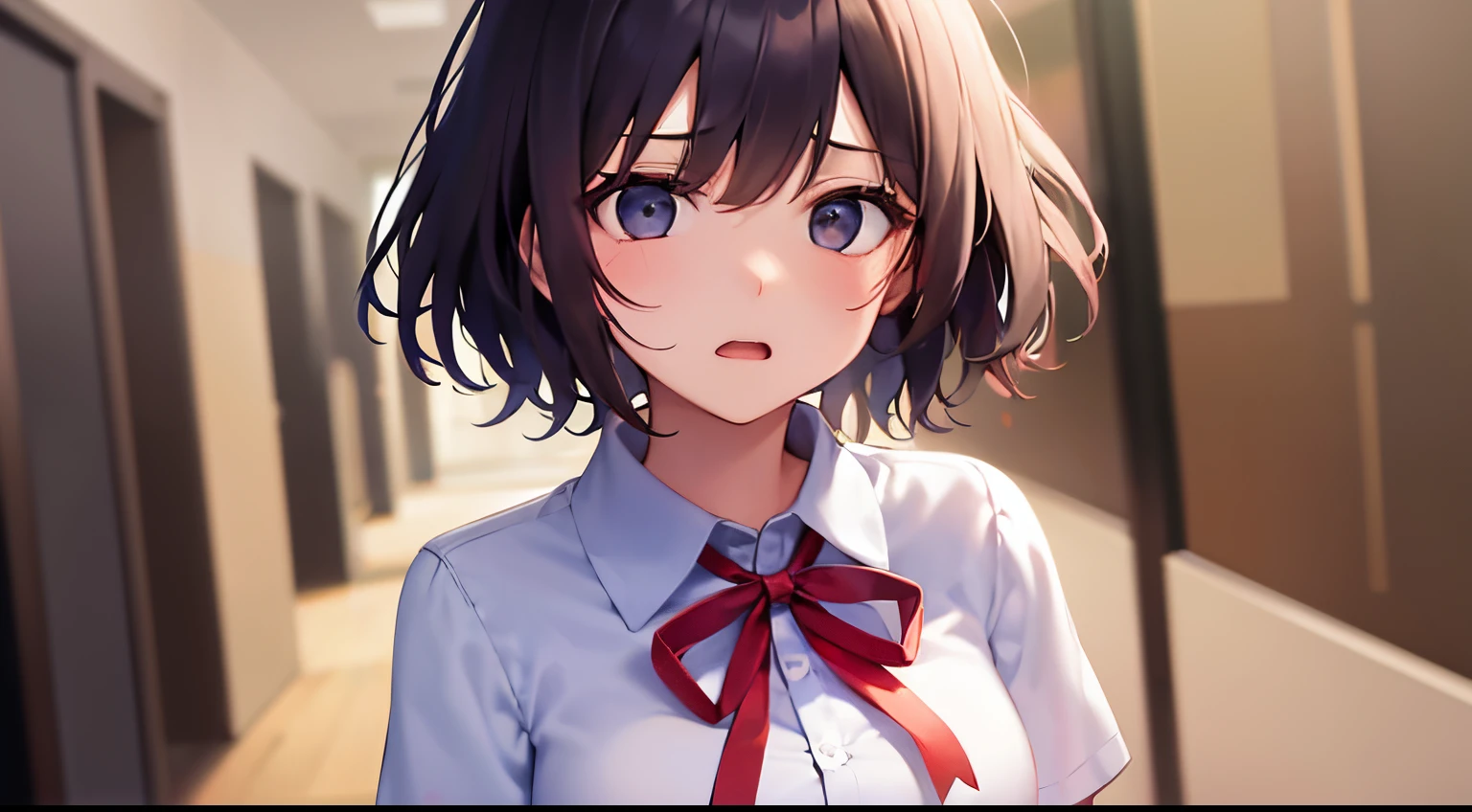 leaning forward, ​masterpiece、hightquality、Background is a school hallway、(browny short hair, black eyes)、the hair flutters with the wind、An 18-year-old woman、Wearing a high school uniform、Red ribbons、white  shirt、Close-up of the subject's face、(Alone:1.5)、open mouth, (Embarrassed and troubled expression:1.1)、(Only the upper body is shown.:1.3)、Bold composition、