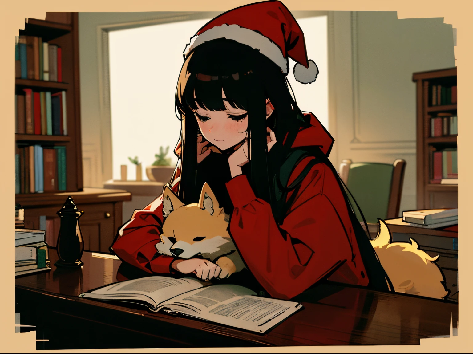 A 20-year-old black-haired woman petting a golden dog, Calm、Gentle light、black backgrounds、Coffee、head shot、Large houseplants、Lo-Fi Illustration、room with a low table、There are piles of books on the desk、a relaxing sight、Woman in hoodie、Red Santa Hat、looks sleepy、Green clothing、A big fluffy dog is sitting next to me.、Cute dog