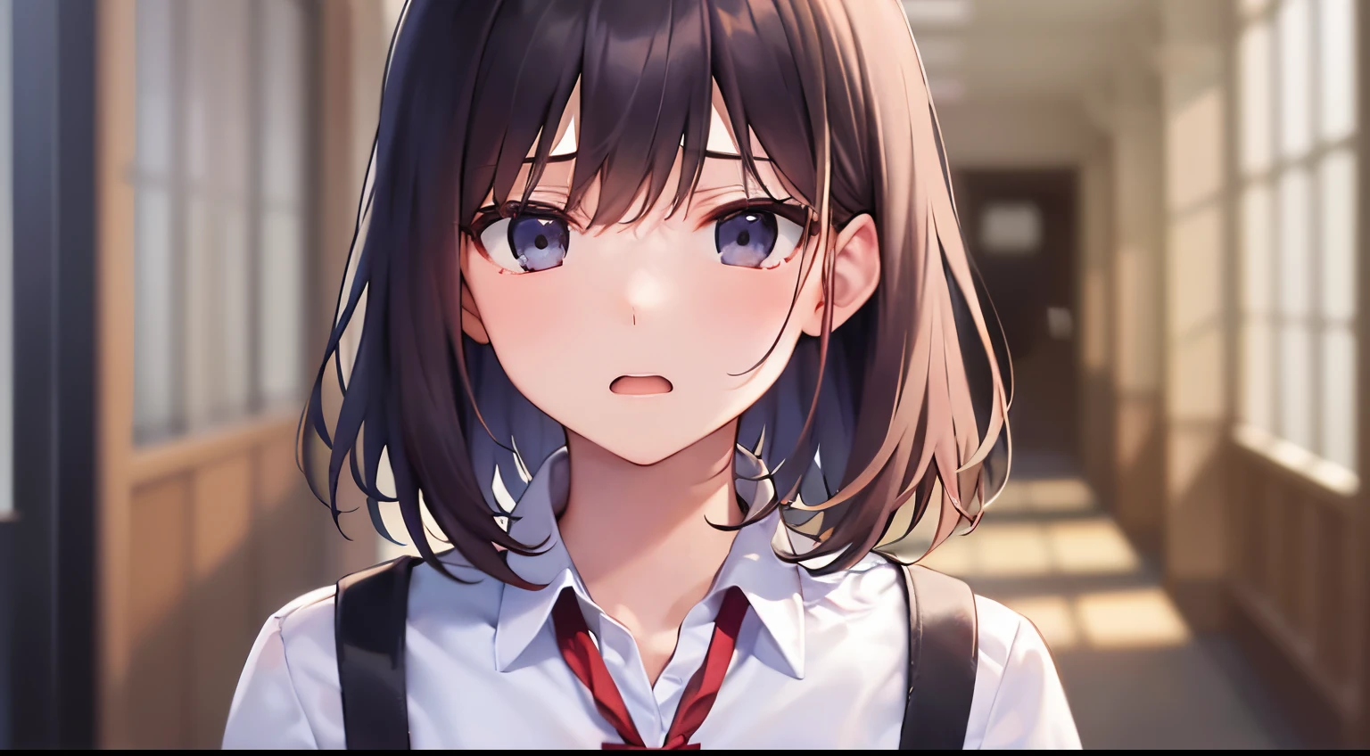 leaning forward, ​masterpiece、hightquality、Background is a school hallway、(browny short hair, black eyes)、the hair flutters with the wind、An 18-year-old woman、Wearing a high school uniform、Red ribbons、white  shirt、Close-up of the subject's face、(Alone:1.5)、open mouth, (Embarrassed and troubled expression:1.1)、(Only the upper body is shown.:1.3)、Bold composition、