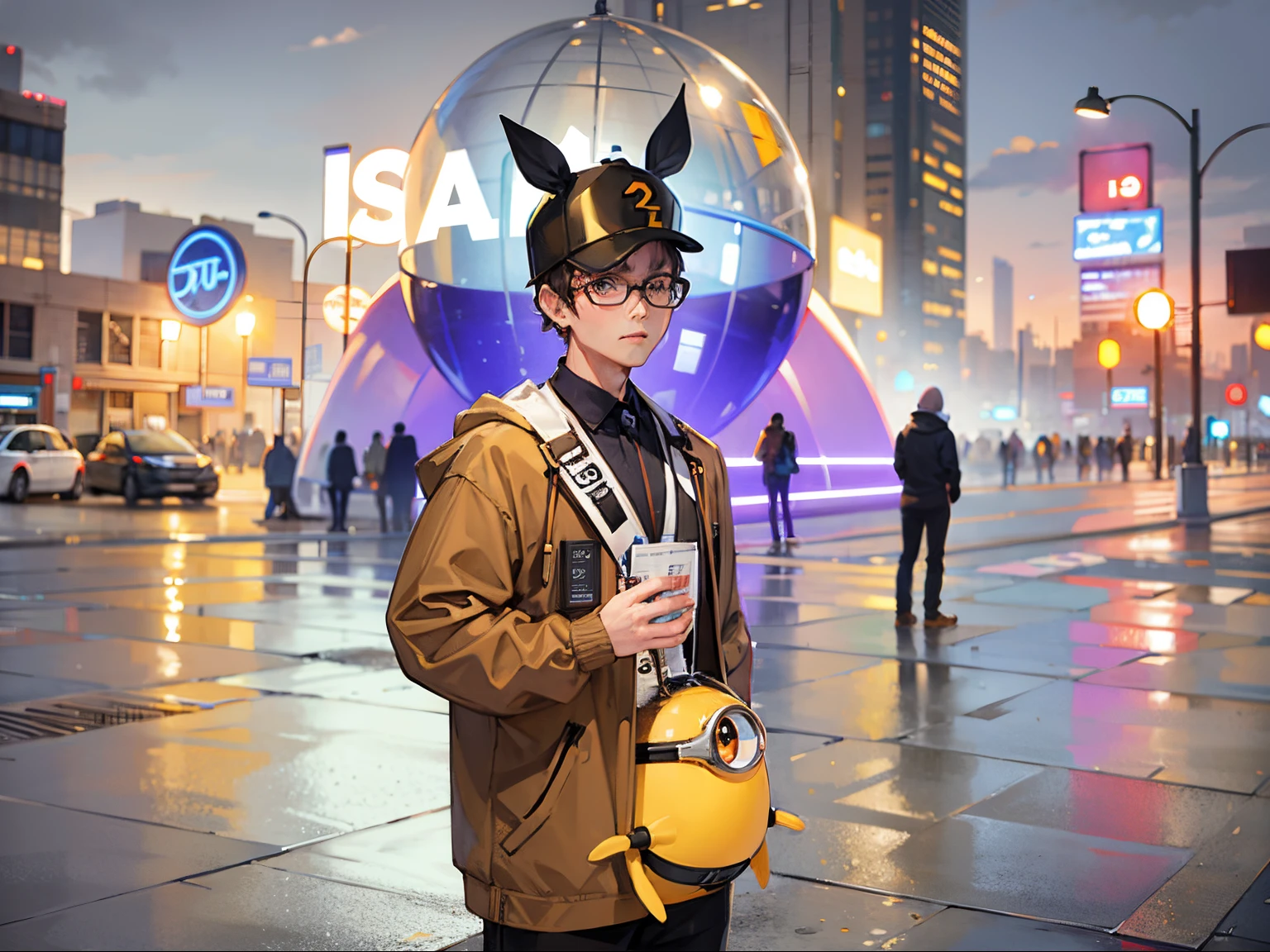 A man stands in front of a huge ball, in front of a sci fi cityscape, brown clothes，wears glasses，and a minion, Wearing a toothless cap, 8K