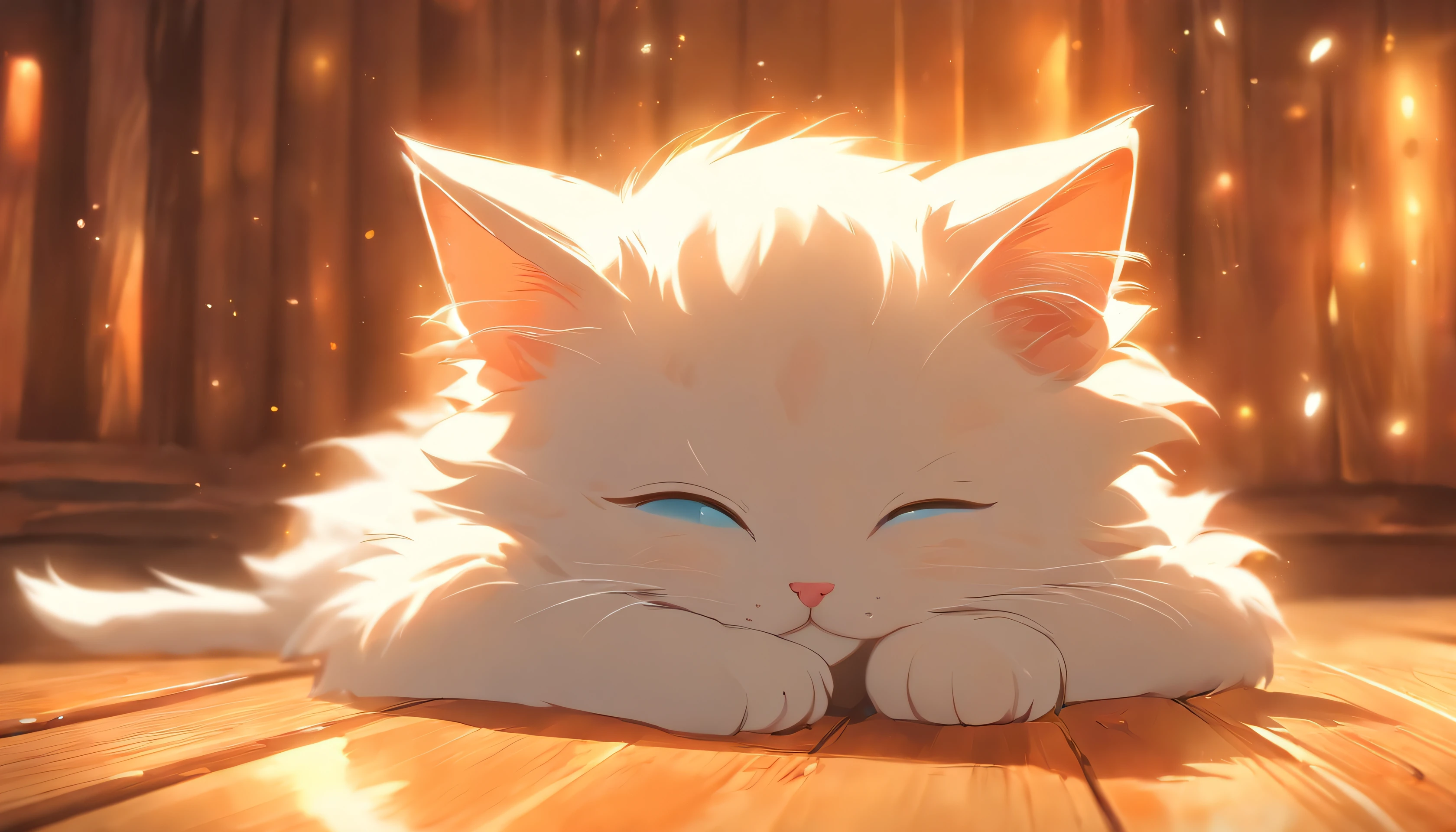 Cute white kitten,largeeyes,eBlue eyes,sleeping on wooden floor,Sunlight shines in from outside