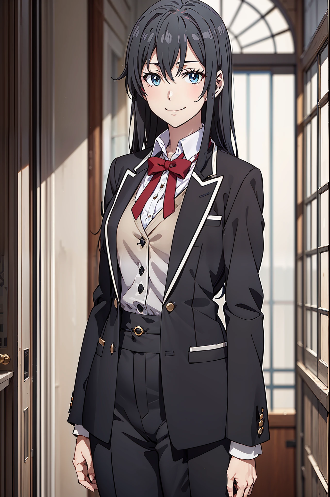 ((Anime)), 1girl, yukinoshita yukino, colerfull, 8k, view standing with smile, wears tuxedo tailcoat, lora: