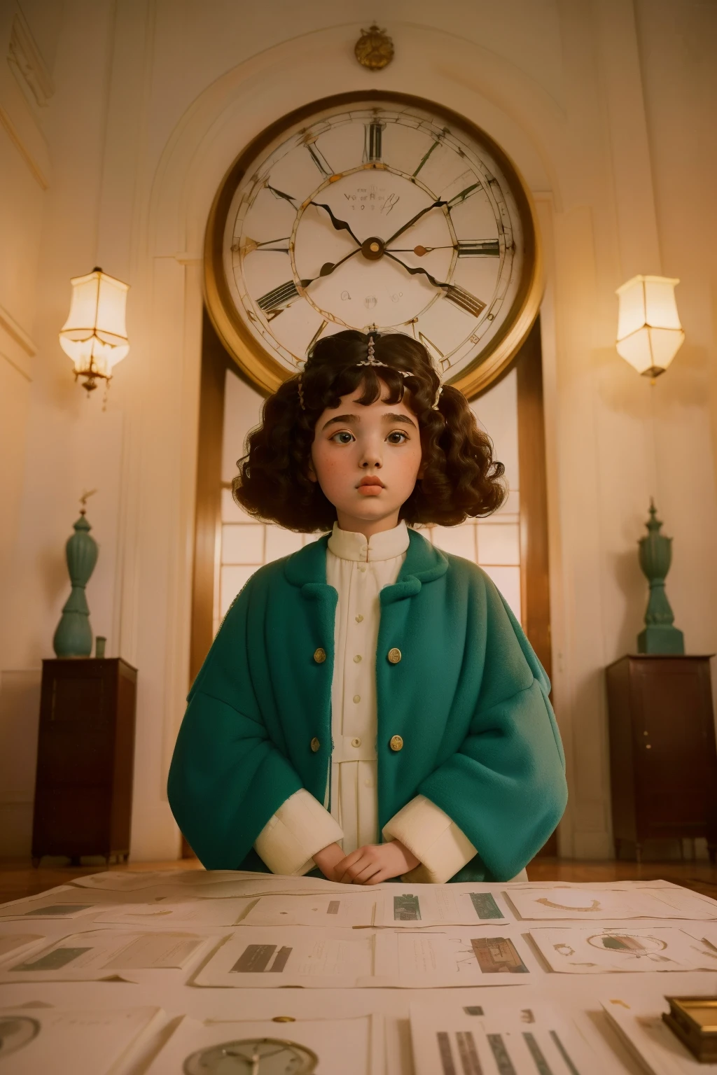 mysterious white magical city. ((wide view)) inside a Palace room full of ((many hundreds of clocks)). Pre-raphaelite ((((9--old)omo)), homeless girl, messy short curly hair, oversized coat, ((((big and unkempt Clothing from the 1960s)))), ((curly Hairstyle of the 1960s)), ((Wes Anderson cinematic style)), colorful