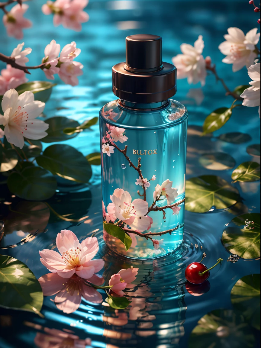 (best quality, 4k, 8k, high resolution, masterpiece), ultra-detailed, photorealistic, blender, makeup bottle, cherry blossom wrapped around, blue sky background, water, sunlight, low perspective, product rendering