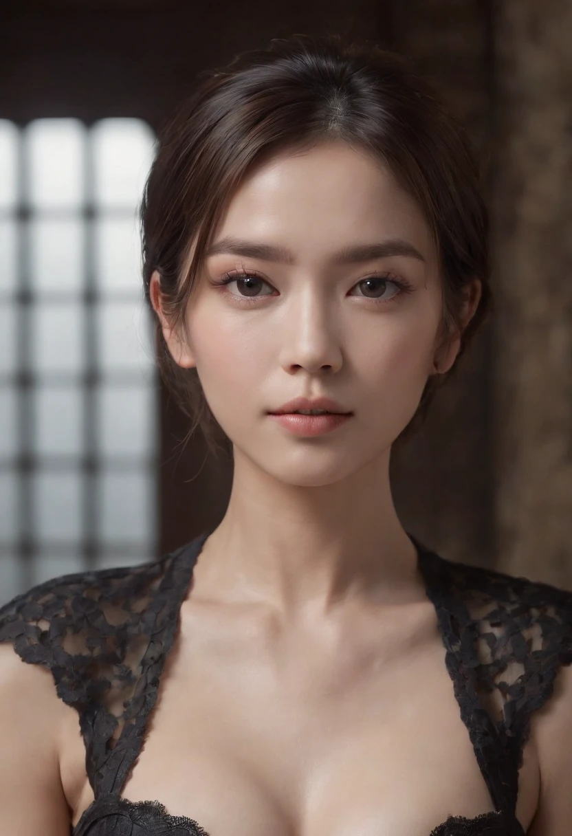 Black corset,束缚、(in a prison cell)、full body Esbian、((top-quality、8K、​masterpiece:1.3))、Crisp focus:1.2、Beautiful woman with perfect body shape:1.4、Slender Abs:1.2、((layers-Cut、Colossal tits:1.2))、(Sateen、Street:1.2)、a wet body:1.5、Highly detailed facial and skin texture、A detailed eye、Bery short hair,BDSM,Slave,rubber