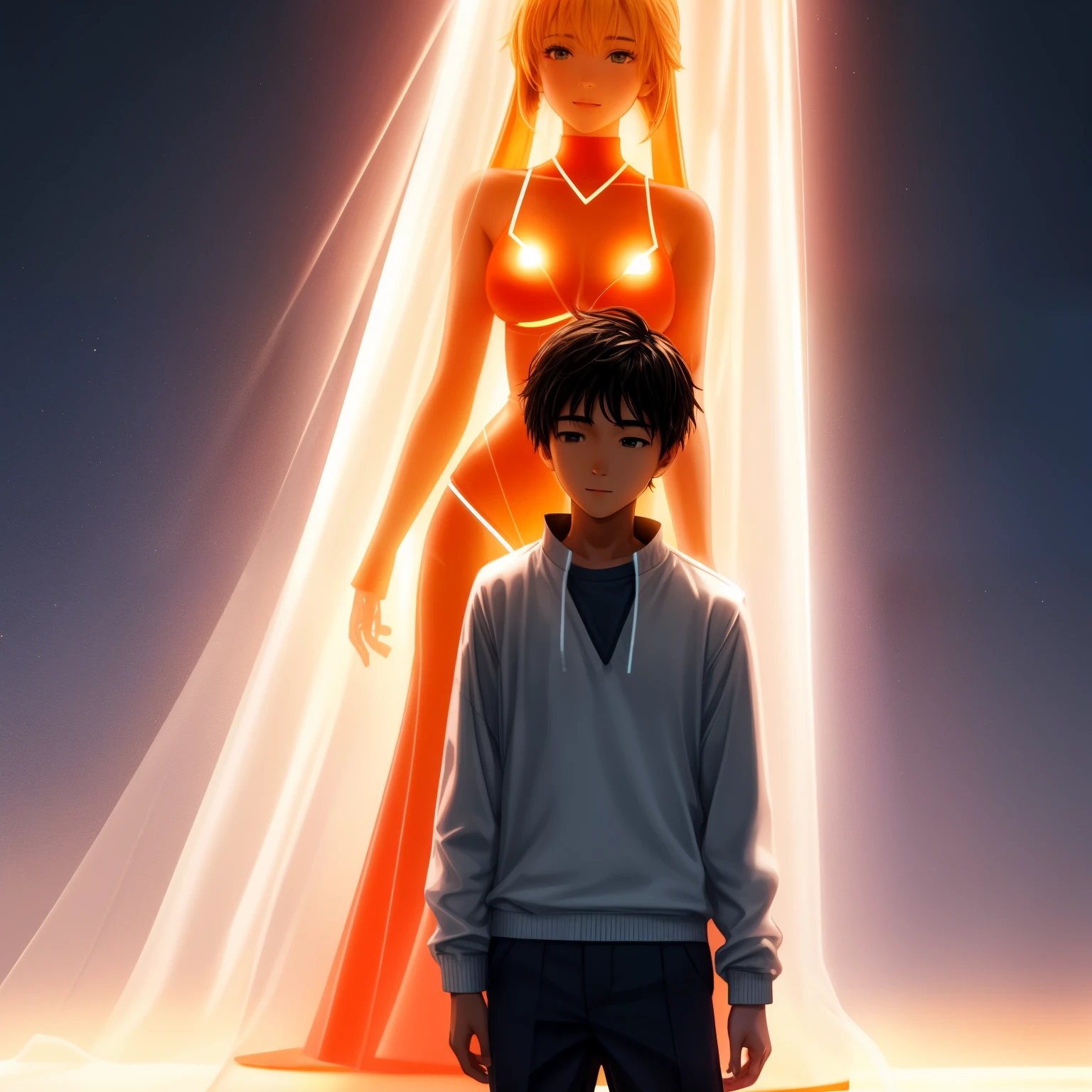 A boy holding a girl glowing female figure standing