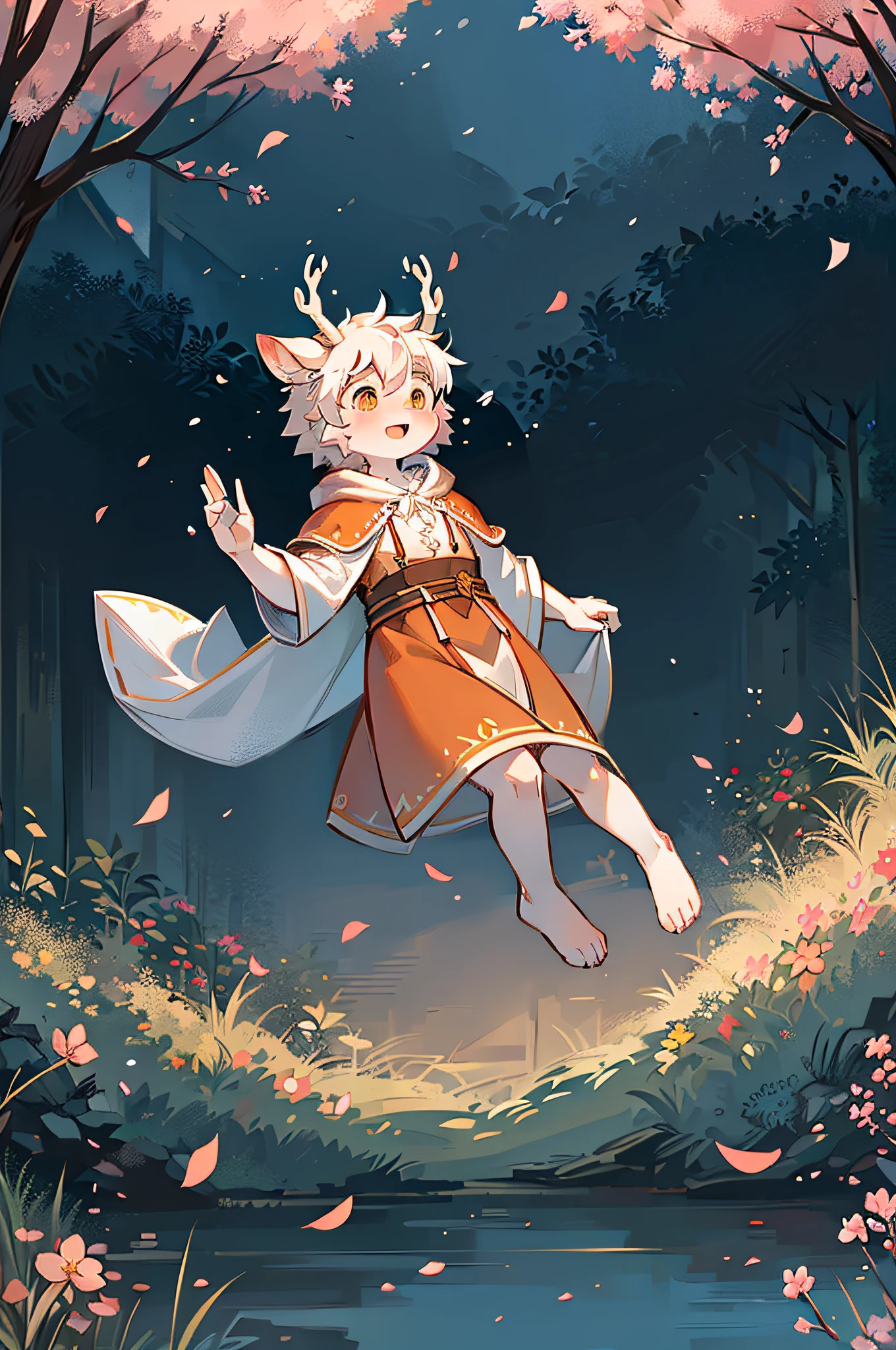A white deer in a white robe,A black wolf in an orange robe,tropical garden,Cloak,Peach blossom tree,falling flower petals,Clear blue sky,shota,having fun,