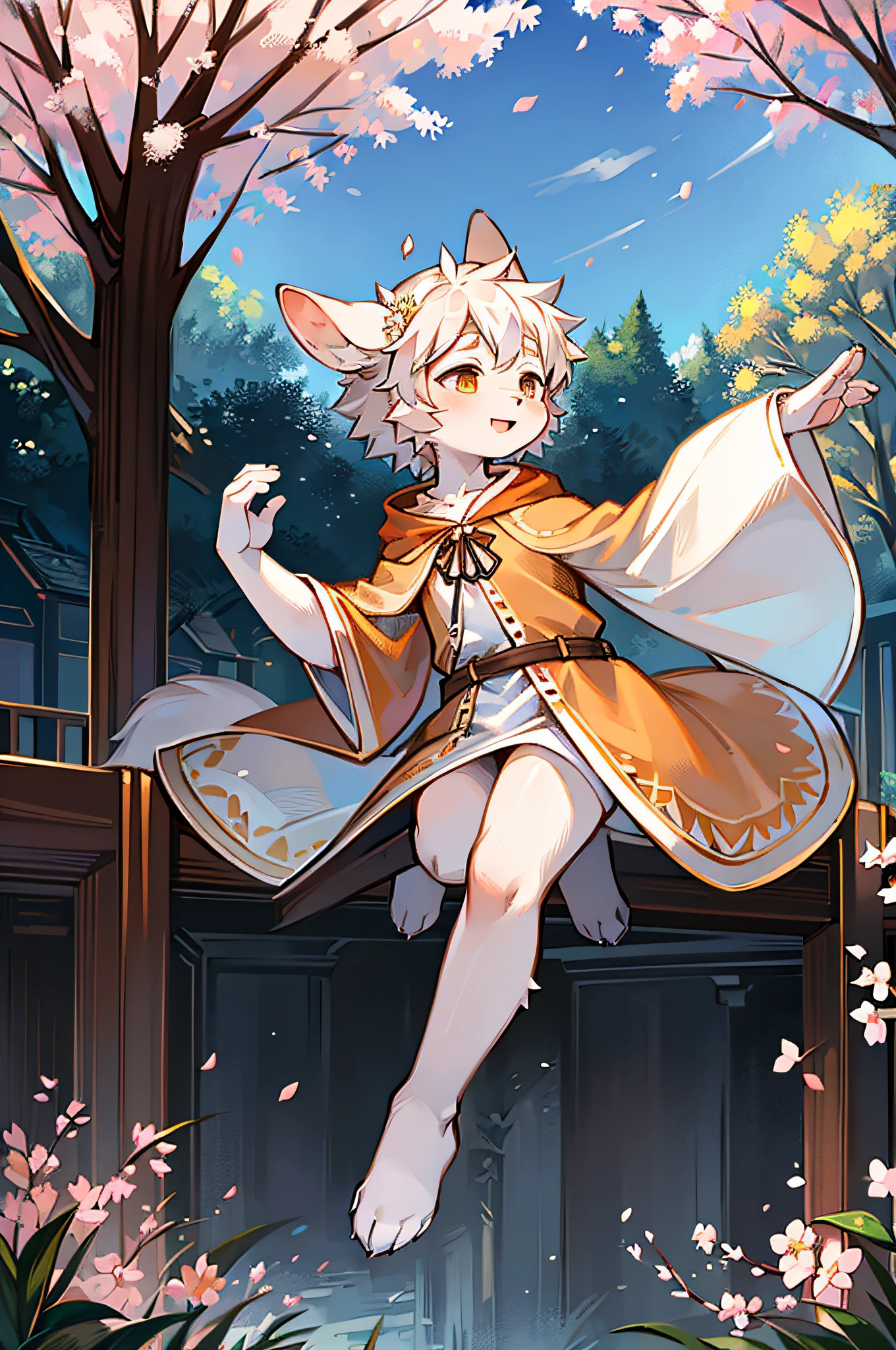 A white deer in a white robe,A black wolf in an orange robe,tropical garden,Cloak,Peach blossom tree,falling flower petals,Clear blue sky,shota,having fun,