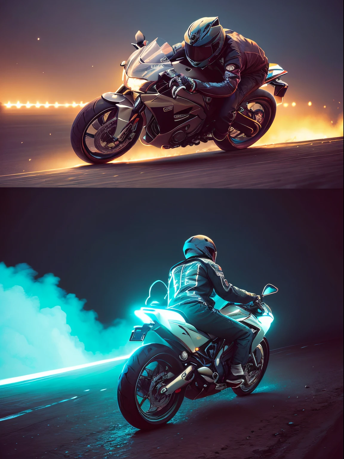 【Illustration】Comic page, there are multiple panels on one page: a portrait of driving a motorcycle, several men and women riding motorcycles (multiple movements and expressions), racing in a city full of gunsmoke, tires rubbing against the ground and sparkling, smoke and dust (super cool details, long exposure, low motion blur) [Continuous shooting] in the style of Tetsuo Hara, cobalt blue and reflective silver, film P30, backlit, diagonal composition