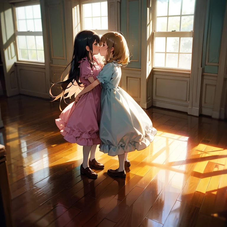 Two girls in frilly dresses are hugging each other and having a deep kiss. is standing pumps shortsleeves Wooden floors dim room Sunlight streaming through the window Back lighting