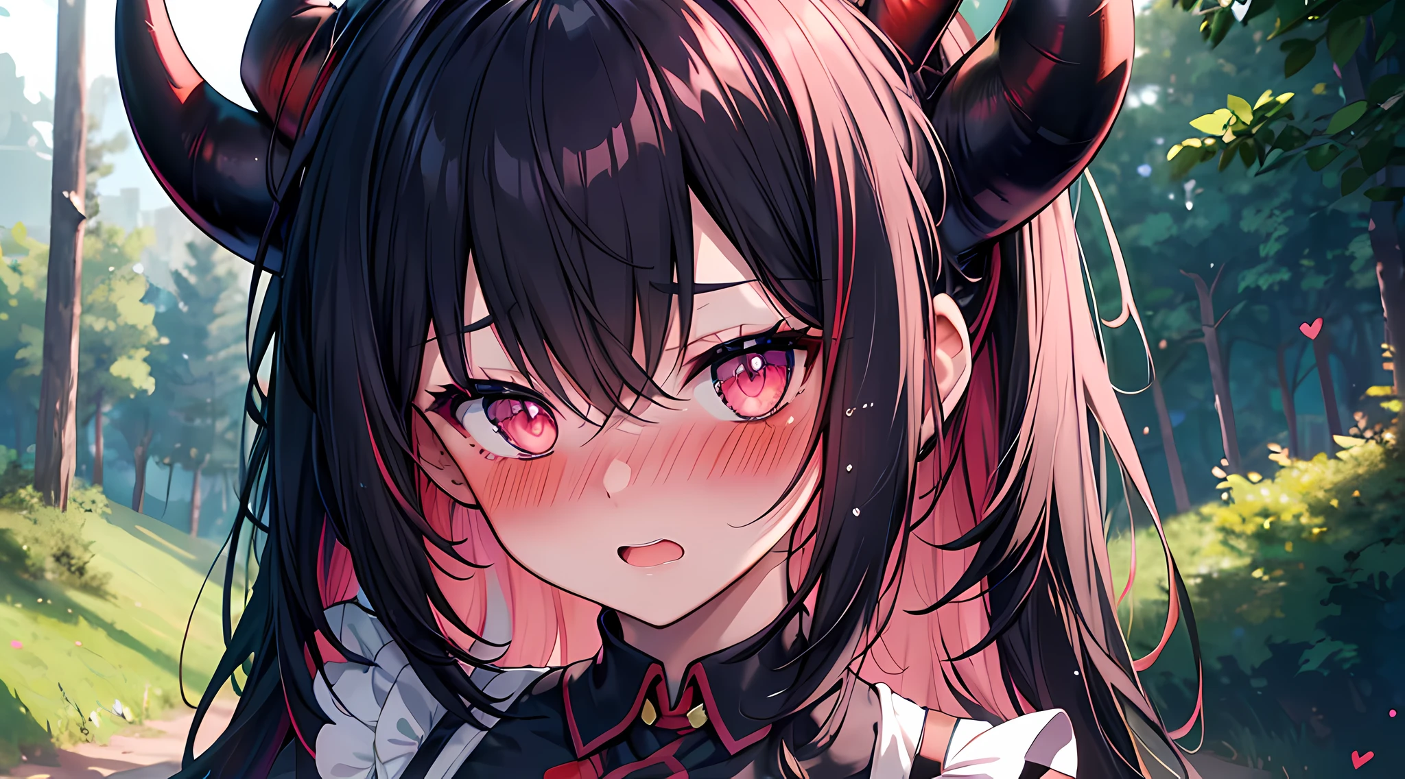 (1 demon girl), front lighting, demon horns, adventurer uniform, detailed face, walking in near the tent in the middle of forest, multicolored hair, black hairpins, (blushing: 1.5), open mouth, hand holding her breast, heart eyes, (full body:0.6), front lighting, 8k, masterpiece, ultra HD,