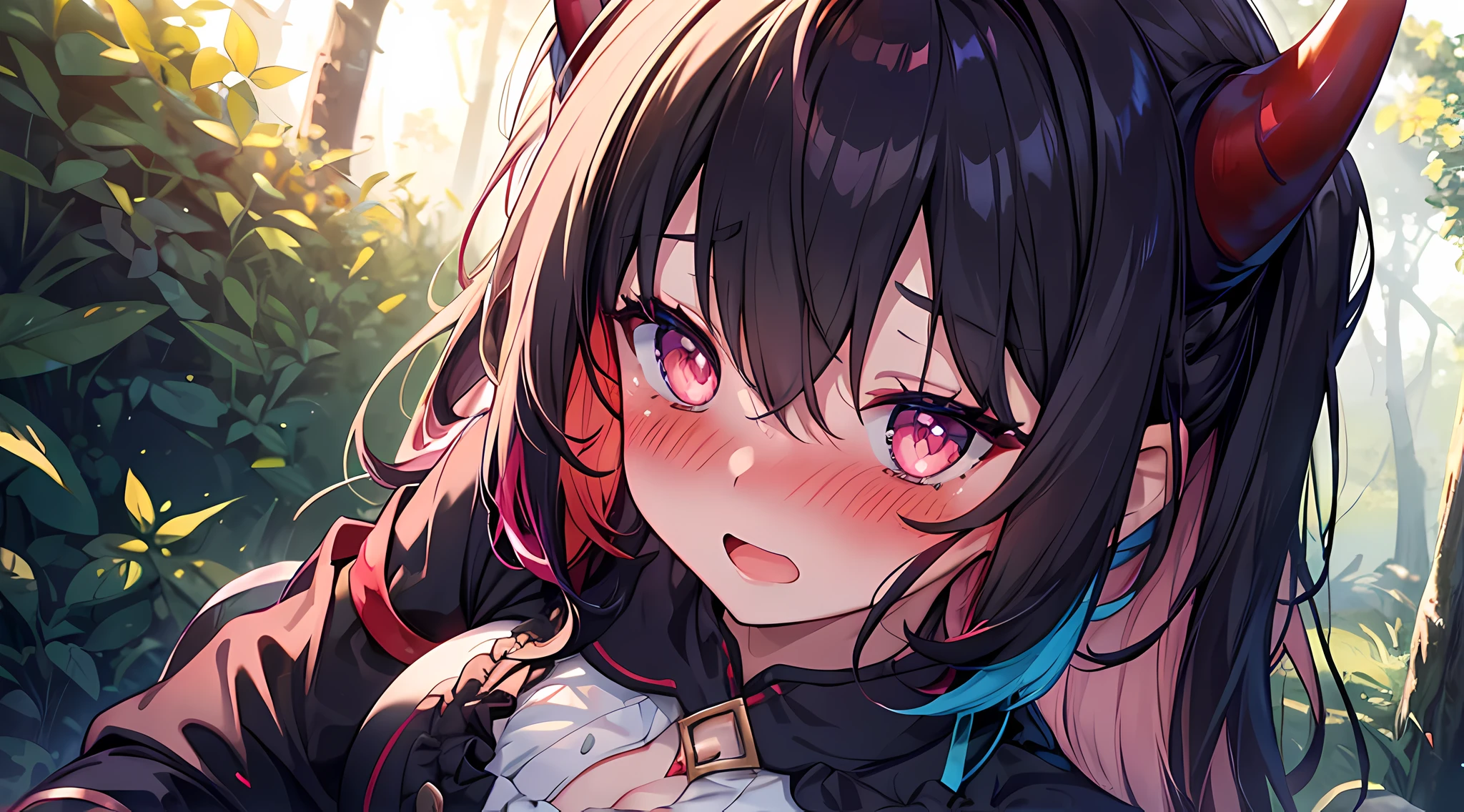 (1 demon girl), front lighting, demon horns, adventurer uniform, detailed face, walking in near the tent in the middle of forest, multicolored hair, black hairpins, (blushing: 1.5), open mouth, hand holding her breast, heart eyes, (full body:0.6), front lighting, 8k, masterpiece, ultra HD,