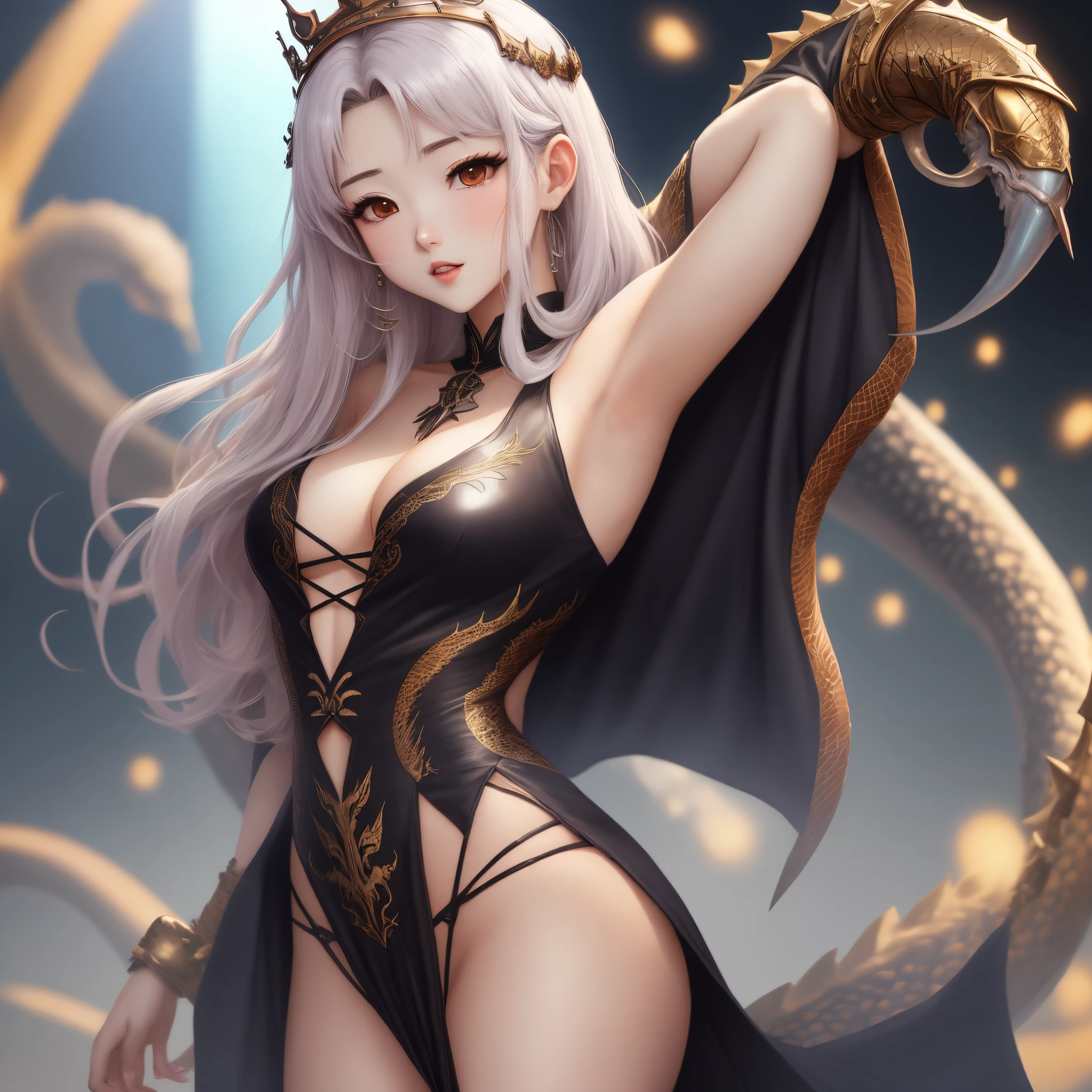 Anime style,25 years old women have dragon horn,have sexy body with dark clothes show his armpit,have a crown,