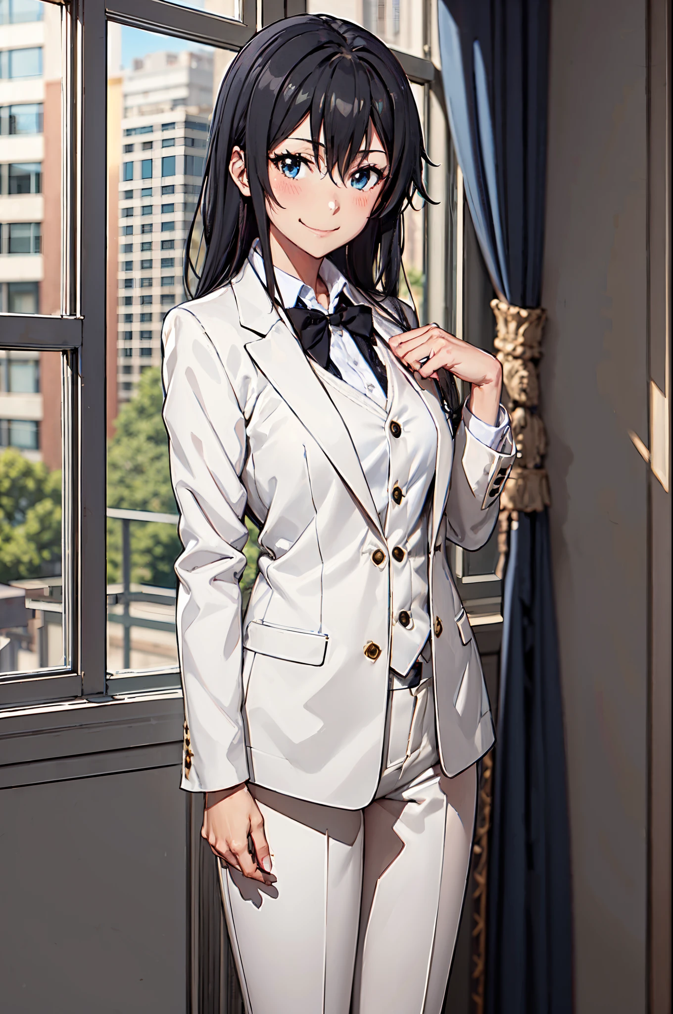 ((Anime)), 1girl, yukinoshita yukino, colerfull, 8k, view standing with smile, wears tuxedo tailcoat, lora: