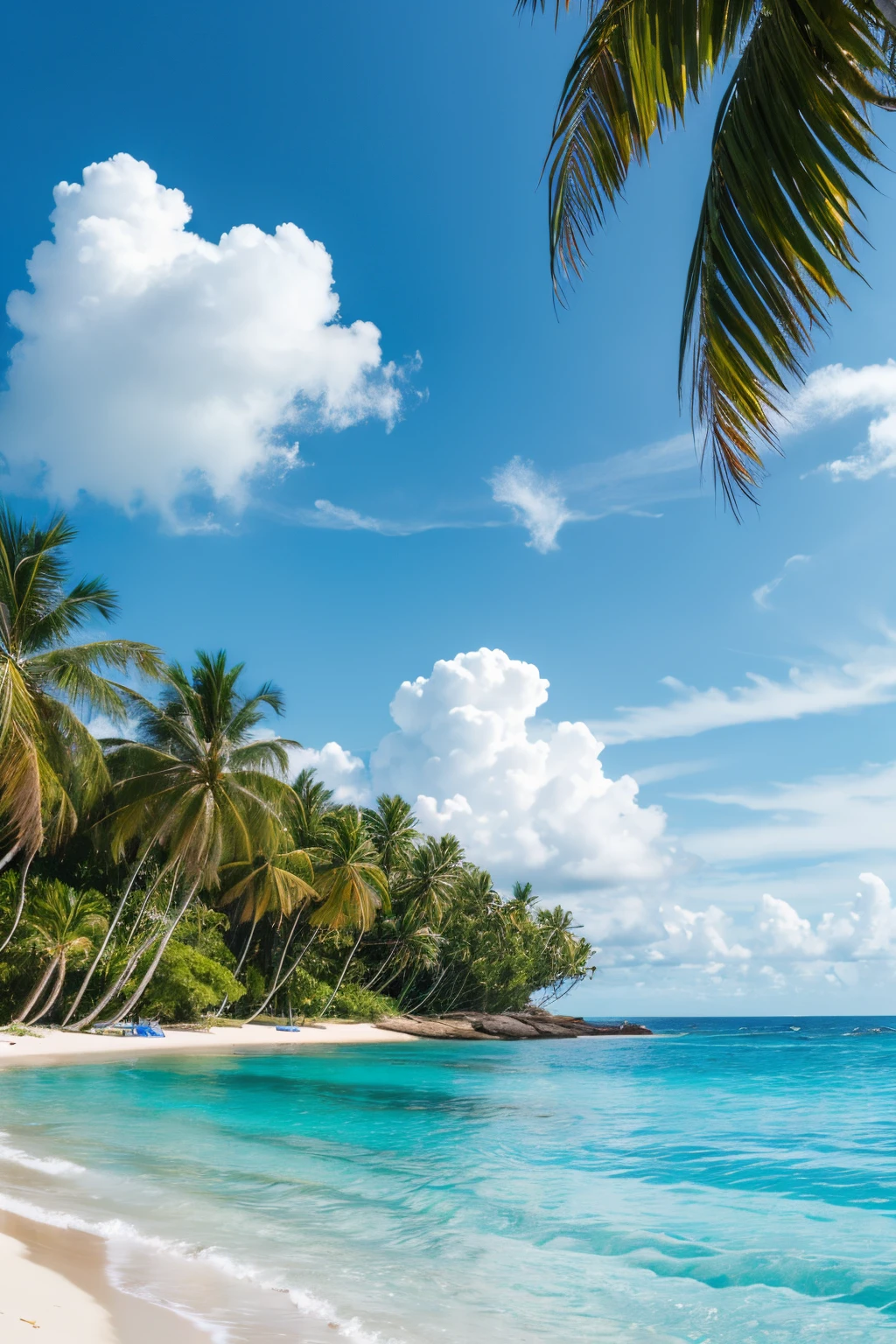 Summer beach，swim ring，Coconut Tree，blue sea water，motorboat，with blue sky and white clouds，high-definition picture quality，Realisticstyle，Looking at the sea in the woods