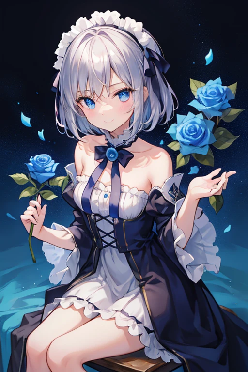 tmasterpiece, Super quality, 1个Giant Breast Girl, Solo girl, silber hair, eBlue eyes, sharp vision, hair straight, (short detailed hair), ((Shoulder-length hair)), A black dress, ribbons, frilly, longer sleeves, Holding a blue rose, A blue rose, (A blue rose in one hand), sit on chair, Small smile, a small smile, small bright background