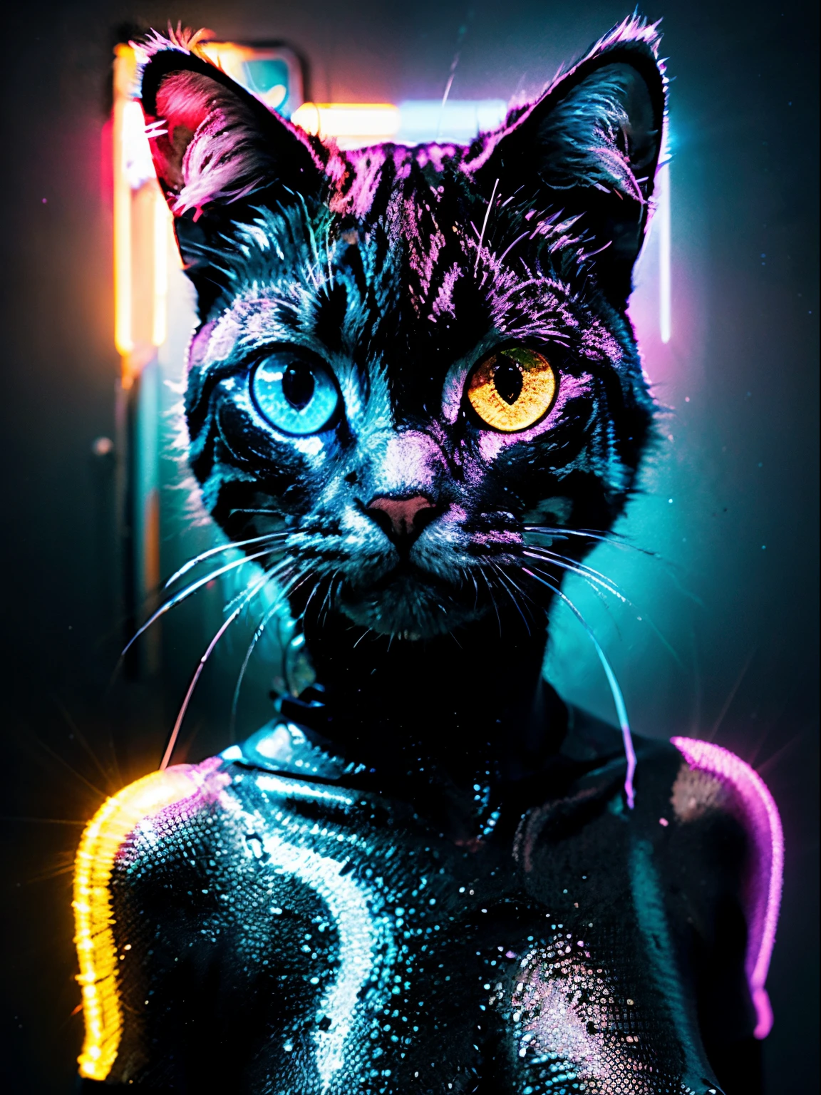 electric cat, cores vivas, pele detalhada, olhos brilhantes, atmosfera surreal, luzes de neon, arte futurista,