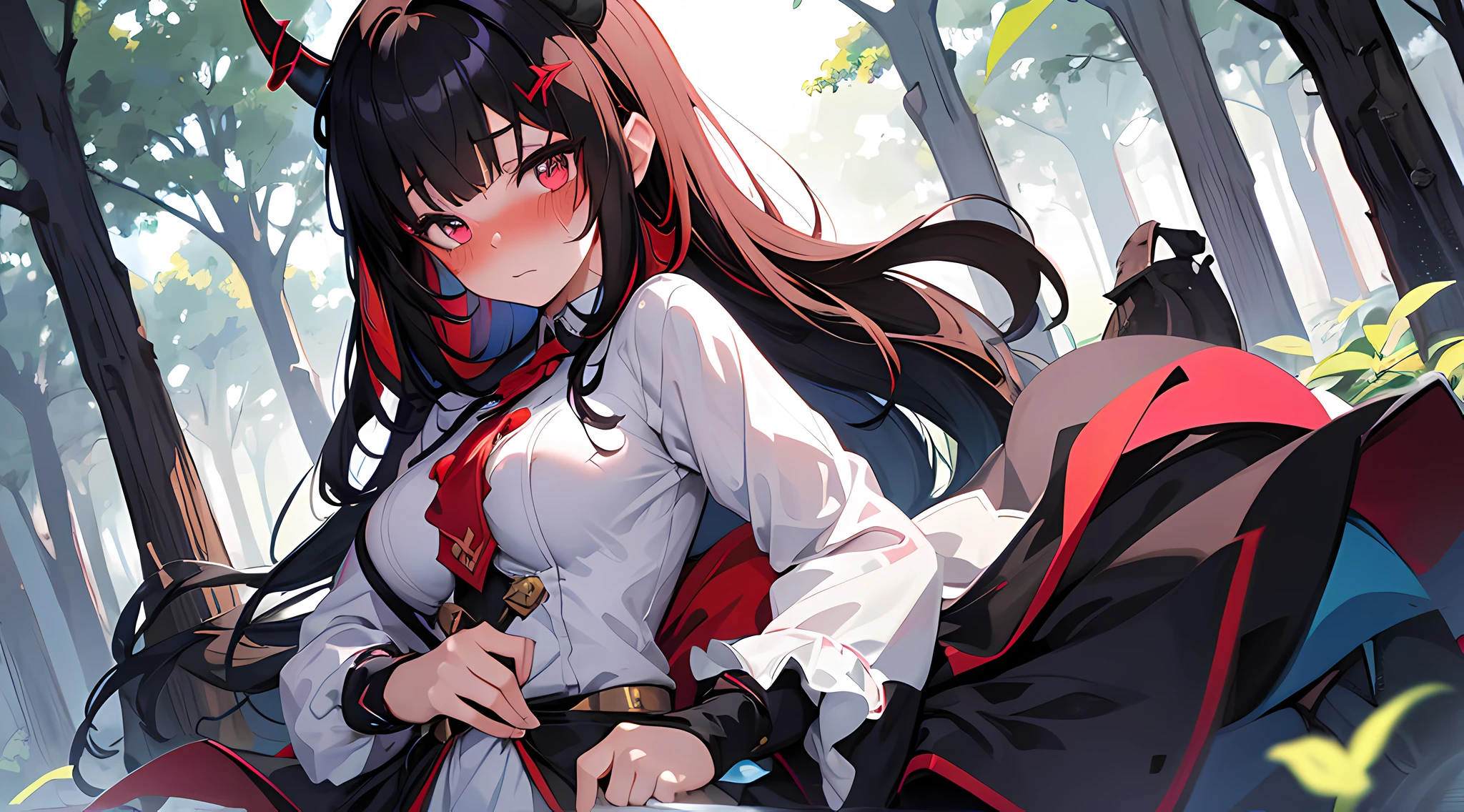 (1 demon girl), front lighting, demon horns, adventurer uniform, detailed face, walking in near the tent in the middle of forest, multicolored hair, black hairpins, (blushing: 1.5), open mouth, hand holding her breast, heart eyes, (full body:0.6), front lighting, 8k, masterpiece, ultra HD,