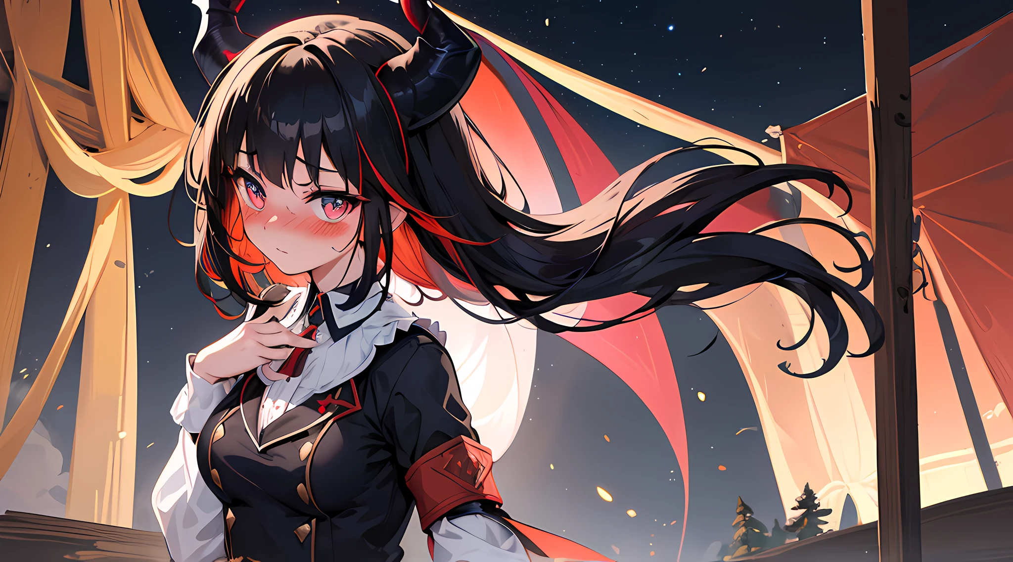 (1 demon girl), front lighting, demon horns, adventurer uniform, detailed face, walking in near the tent in the middle of forest, multicolored hair, black hairpins, (blushing: 1.5), open mouth, hand holding her breast, heart eyes, (full body:0.6), front lighting, 8k, masterpiece, ultra HD,