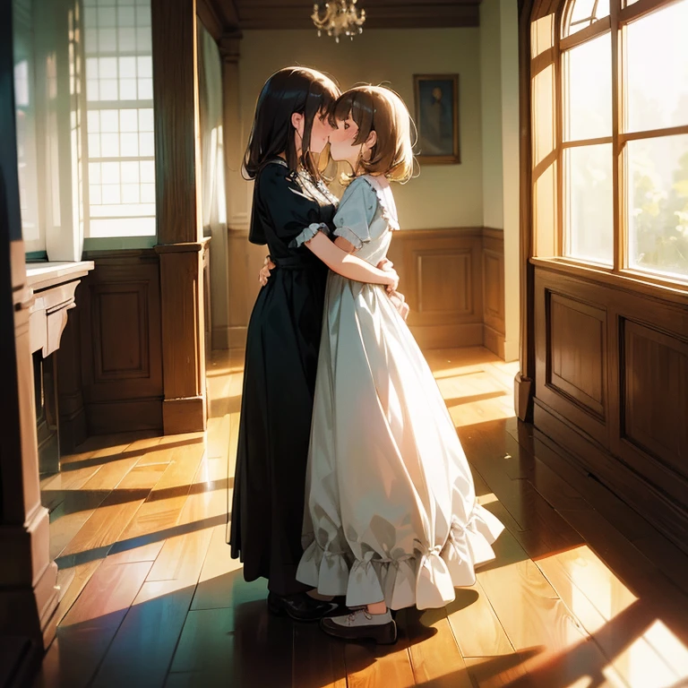 Two middle-aged girls in frilly dresses are hugging each other in a deep kiss. is standing pumps shortsleeves Wooden floors dim room Sunlight streaming through the window Back lighting