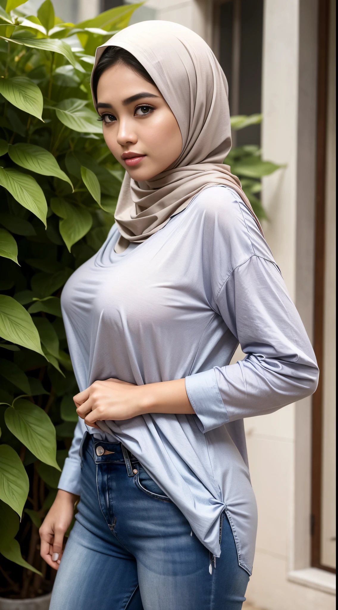RAW, Best quality, high resolution, masterpiece: 1.3), beautiful Malay woman on hijab (iu:0.8), perfect nose,perfect lips, perfect eyes, detail :1.2),((big breast)),1 Malay girl, modern plain hijab,full body image detail, watery eyes, RAW, Best quality, high resolution, masterpiece: 1.3),big breast, perfect nose,perfect lips, perfect eyes, detail :1.2), soft smile, woman in a gray shirt and blue jeans standing in front of a bush, lovely woman, wearing casual clothes, malaysian, casual clothing, wearing casual clothing, a young asian woman, casual clothing style, casual clothes, handsome girl, casual pose, hijab, simple clothes, casual modern clothing, taken in 2022, full body picture, an asian woman