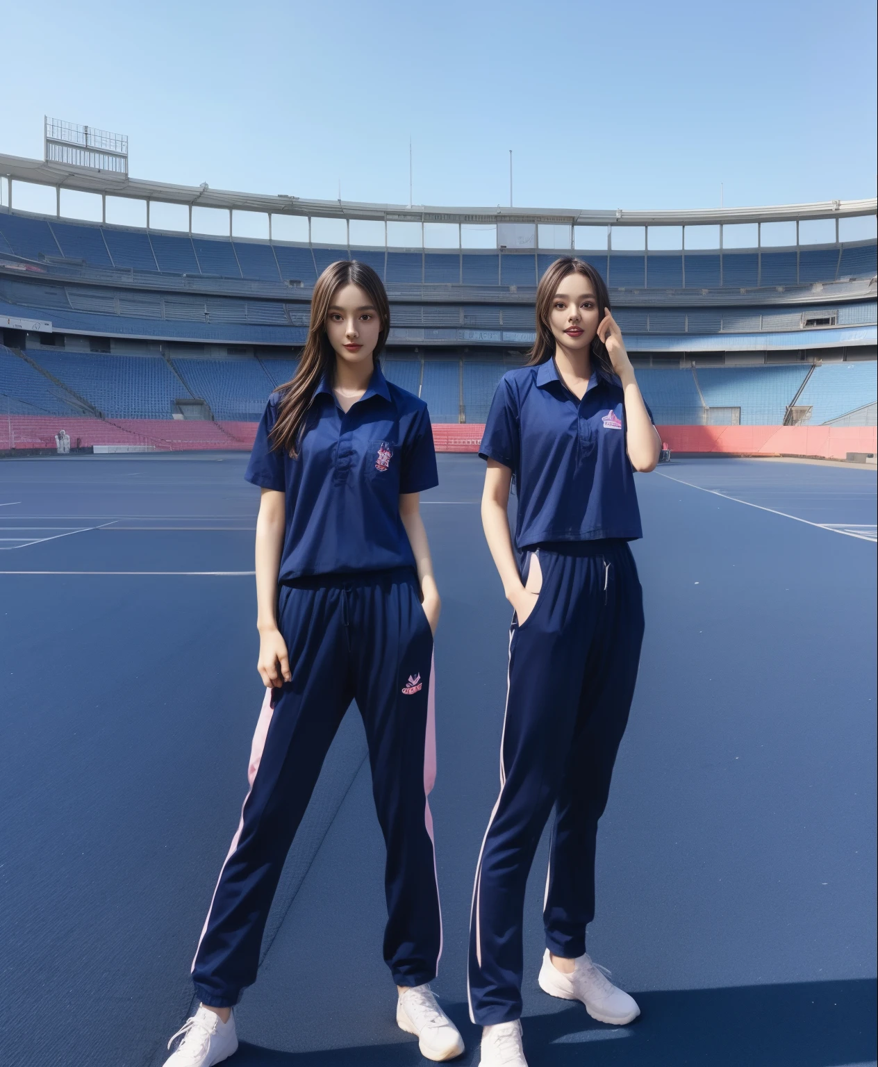(bestquality,10,10,highres,masterpiece:1.2),ultra-detail,(Realistic,photorealistic portrait,photo-realistic:1.37),1 Cute girl in the football field,oily shiny skin,bara,light smile,BDclothes,((blue shirt:1.3)),short sleeves,shirt, trousers.,(navy_long_Pants Track:1.1), ((Stadium Background:1.3)),dynamic angle,excited,face focus,Dynamic Poses,from behide,Ass Focus,masterpiece, bestquality, ultra realistic, hyper-detail, 8k resolution, RAW photo, crisp focus, ((Navy blue shirt:1.1)), short sleeves, Long Path, Perfect body, 2 mature women, 18yo, cinematic light,Blue sweatpants,Gymware,Correct anatomy,Complete body, Correct body, sharp face, Anatomically correct body, full entire body, Realistic gestures, long-haired, Realistic poses,Wear long shorts........................,Long leg span,Shapely,Sculpting Girl, Slender Figure, mannequin mannequins, Shapely, Beautiful body,Blue sweatpants, Two girls kissing