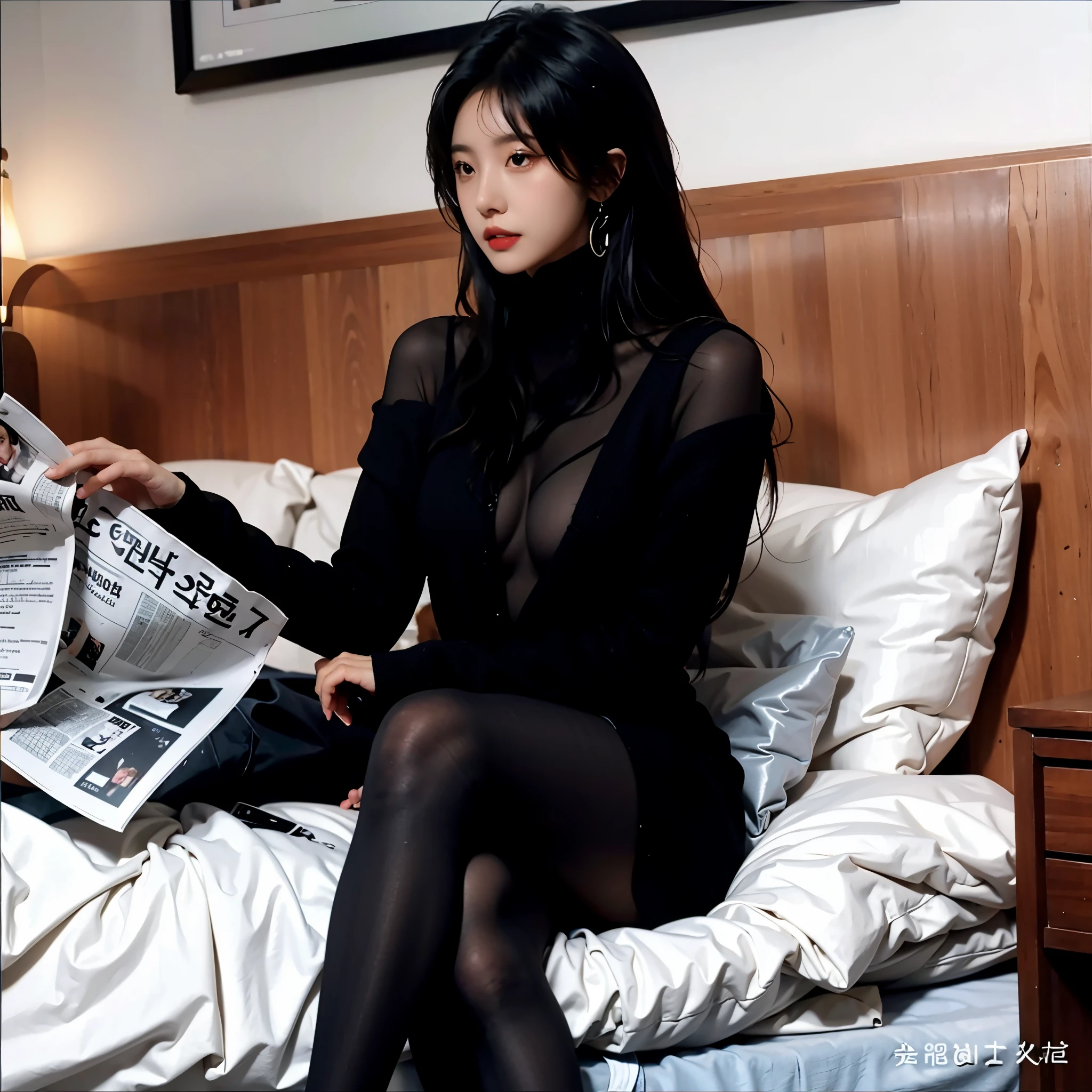 There was a woman sitting on the bed reading a newspaper, white skinned, asiagirl, Glow skin, gorgeous lady, Korean young woman, Asian women,Sexy perfect body,Korean beauty face,hyper pretty face,Sensual lips,a tall nose,largeeyes,Sexy stockings thighs,The perfect body with a bump,White body,Smooth and fair thighs,White hands,sparkling figure,Balenciaga letter stockings,Full