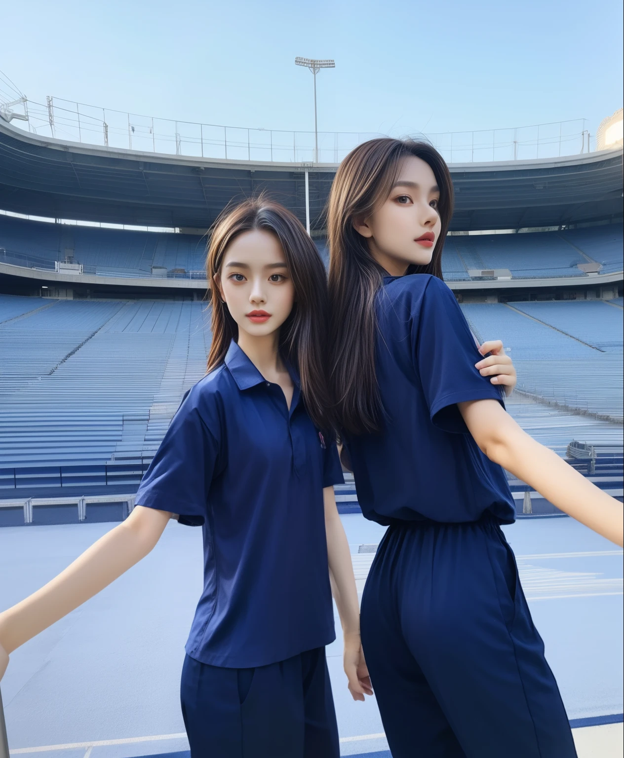 (bestquality,10,10,highres,masterpiece:1.2),ultra-detail,(Realistic,photorealistic portrait,photo-realistic:1.37),1 Cute girl in the football field,oily shiny skin,bara,light smile,BDclothes,((blue shirt:1.3)),short sleeves,shirt, trousers.,(navy_long_Pants Track:1.1), ((Stadium Background:1.3)),dynamic angle,excited,face focus,Dynamic Poses,from behide,Ass Focus,masterpiece, bestquality, ultra realistic, hyper-detail, 8k resolution, RAW photo, crisp focus, ((Navy blue shirt:1.1)), short sleeves, Long Path, Perfect body, 2 mature women, 18yo, cinematic light,Blue sweatpants,Gymware,Correct anatomy,Complete body, Correct body, sharp face, Anatomically correct body, full entire body, Realistic gestures, long-haired, Realistic poses,Wear long shorts........................,Long leg span,Shapely,Sculpting Girl, Slender Figure, mannequin mannequins, Shapely, Beautiful body,Blue sweatpants, Two girls kissing