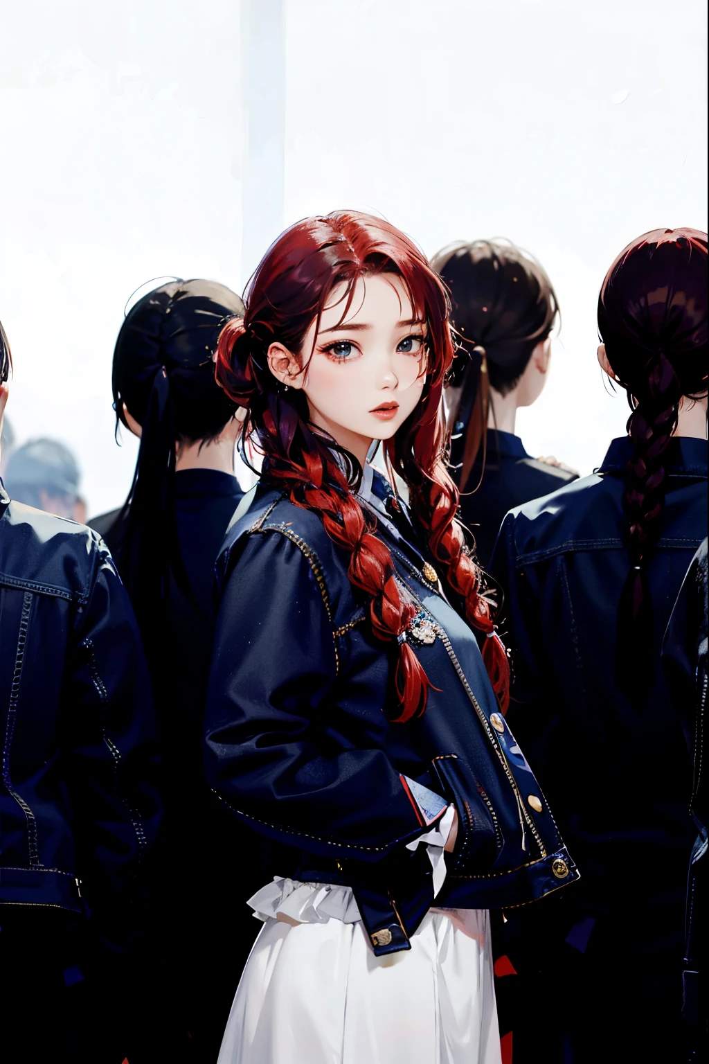 Red-haired Arafad woman standing in front of a group of other women, Bae Xiuzhi, Park Shin-hye plays a supervillain, Yoo Lee Ji Eun plays the supervillain, sha xi, josie by blackpink, jinyoung shin, gongbi, IU, you were before, Nam Jae-yeon, Portrait of a Korean female idol, braid hairstyle, Official