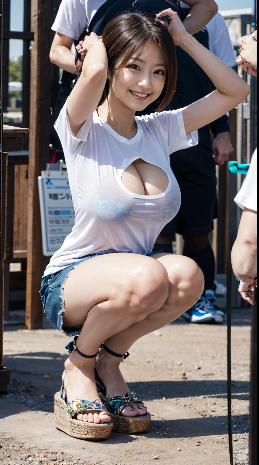 8K、超A high resolution、Best Quality、masuter piece、Photorealsitic、The ultra -The high-definition、(huge tit、Pretty big breasts、large cleavage、more boobs please、Must have a very toned body:1.18)((Always wear a white T-shirt and shorts)、Always put your hands behind your head、Always do squats:1.28)(Brown hair short bob、A Japanese Lady、Super cute、Cute smile、Drama filming location:1.15)