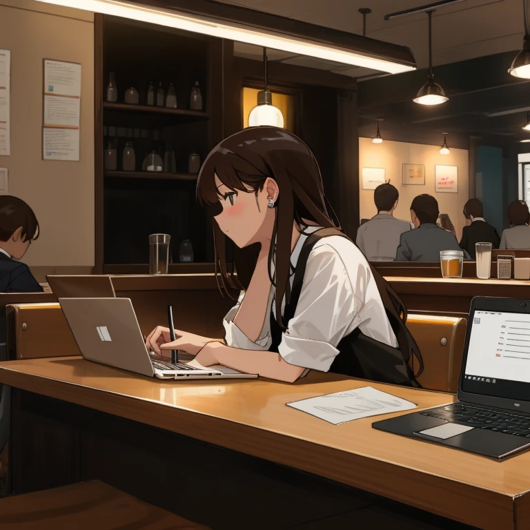 there is a woman sitting at a table with a laptop, working on a laptop at a desk, in a coffee shop, working on her laptop, working in an office, working hard, working, sitting in a cafe, sitting in a cafe alone, sitting alone in a cafe, people at work, studying in a brightly lit room, studying