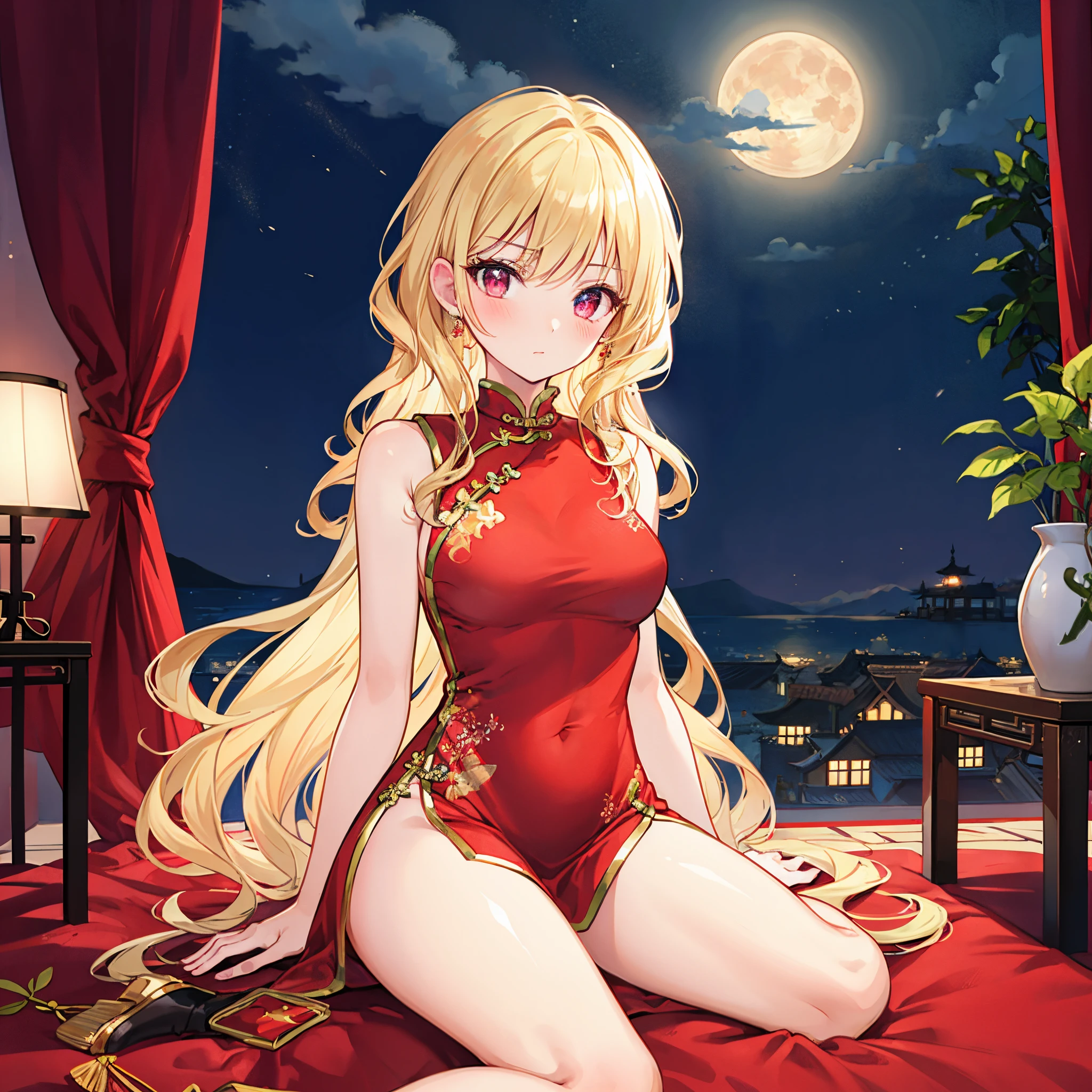 Blonde wavy hair、red eyes、sparkle eyes、Beautiful girl alone、qipao dress、beautiful moon、natta、Red blush、Chinese style room、Sit on it