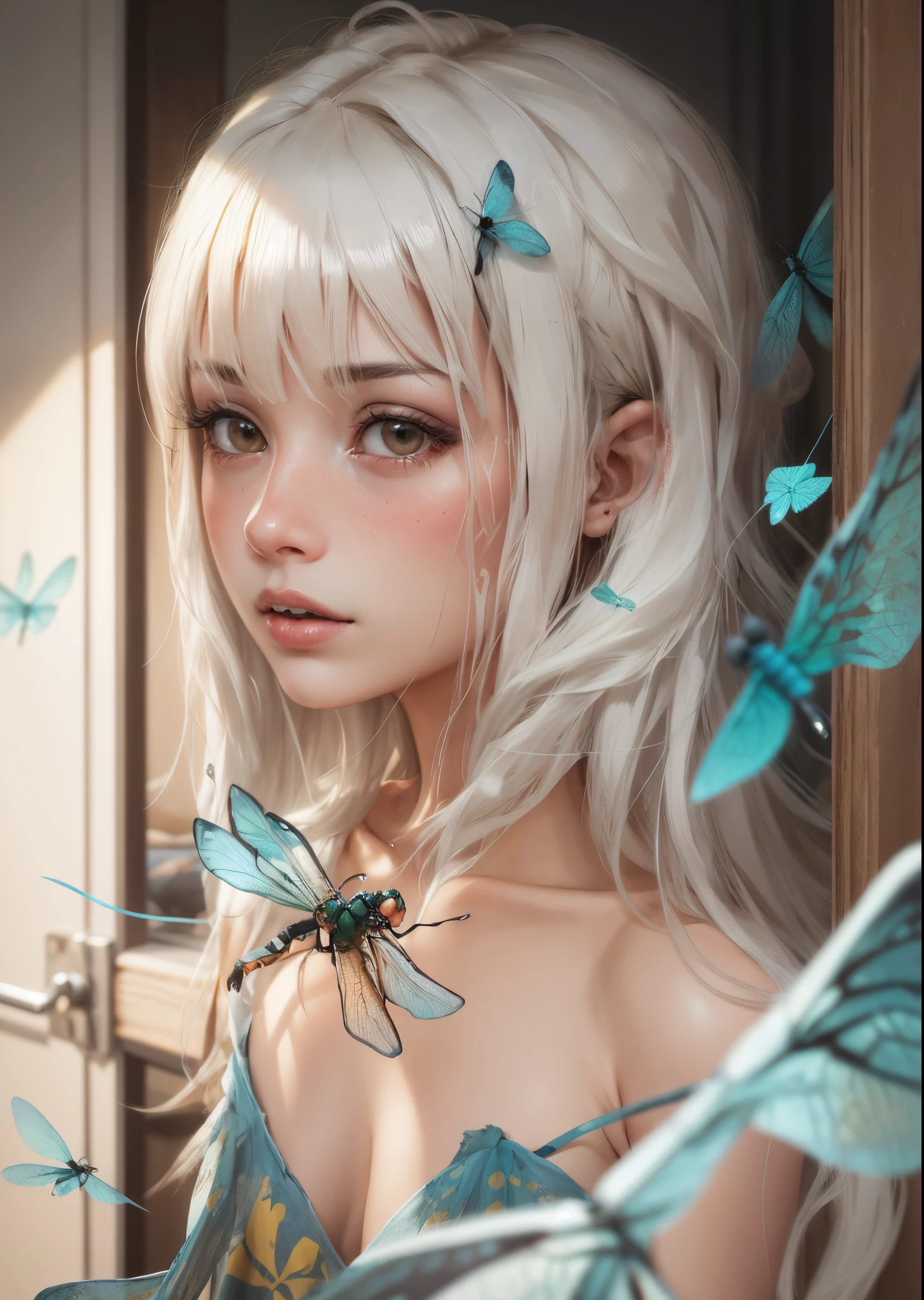 garota de Cabelo branco, she's in a room, sala escura, Cabelo branco, garota de Cabelo branco, Sala de estar, dragonfly, a dragonfly is on the girl'ombro