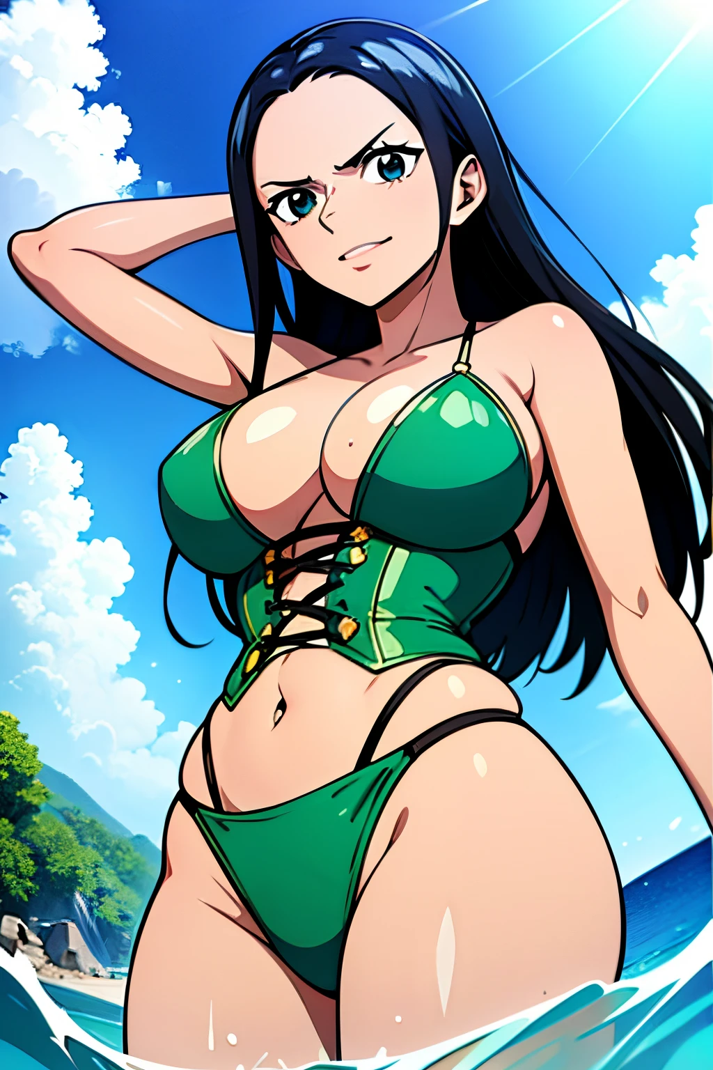 Nico Robin de One Piece luce un ajustado bikini verde, Dynamic posture, cara feliz, en un yate, lleva un corset verde,lleva una braguita verde,piel blanca brillante, exciting situation, ojos azules, ojos de alta calidad, labios rojos hinchados, Labios de alta calidad, grande, tetas grandes, Show of, La mejor calidad.