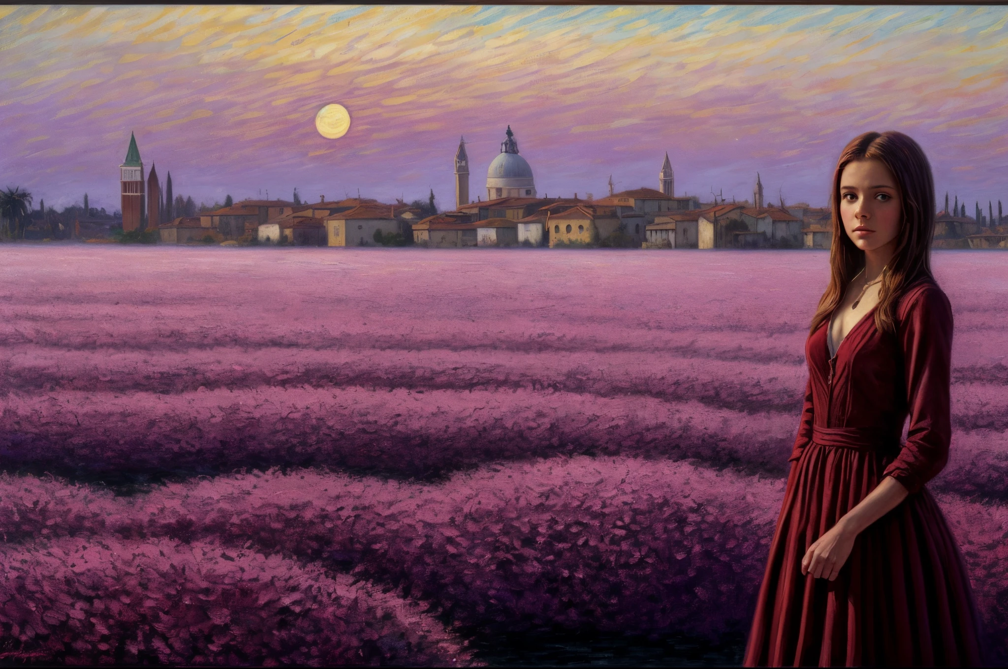 (Cute young girl in Ben Templesmith style), [Background: Venice in a garnet sunset by Claude Monet], Purple fog, protogen, very colorful, ((Palette / oil painted)), ((tmasterpiece)), extreme hight detail, perspective, 8K