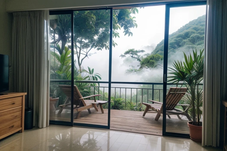 ((top-quality、in 8K、​masterpiece:1.3、Raw photo))、Super high quality photos, Tropical jungle with fog