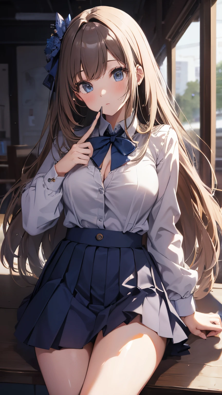 ultra-detailed、(8k, RAW photo, best quality, masterpiece:1.2), (extremely detailed 8k wallpaper),illustration、professional lighting,sharp focus, depth of field、
nsfw、clear eyes、perfect anatomia、girl with、****ar ***、school uniform, blazer, school, dark blue skirt, short skirt、cleavage cutout,Close-up on upper body、huge tit、hand to own mouth,hair adornments、