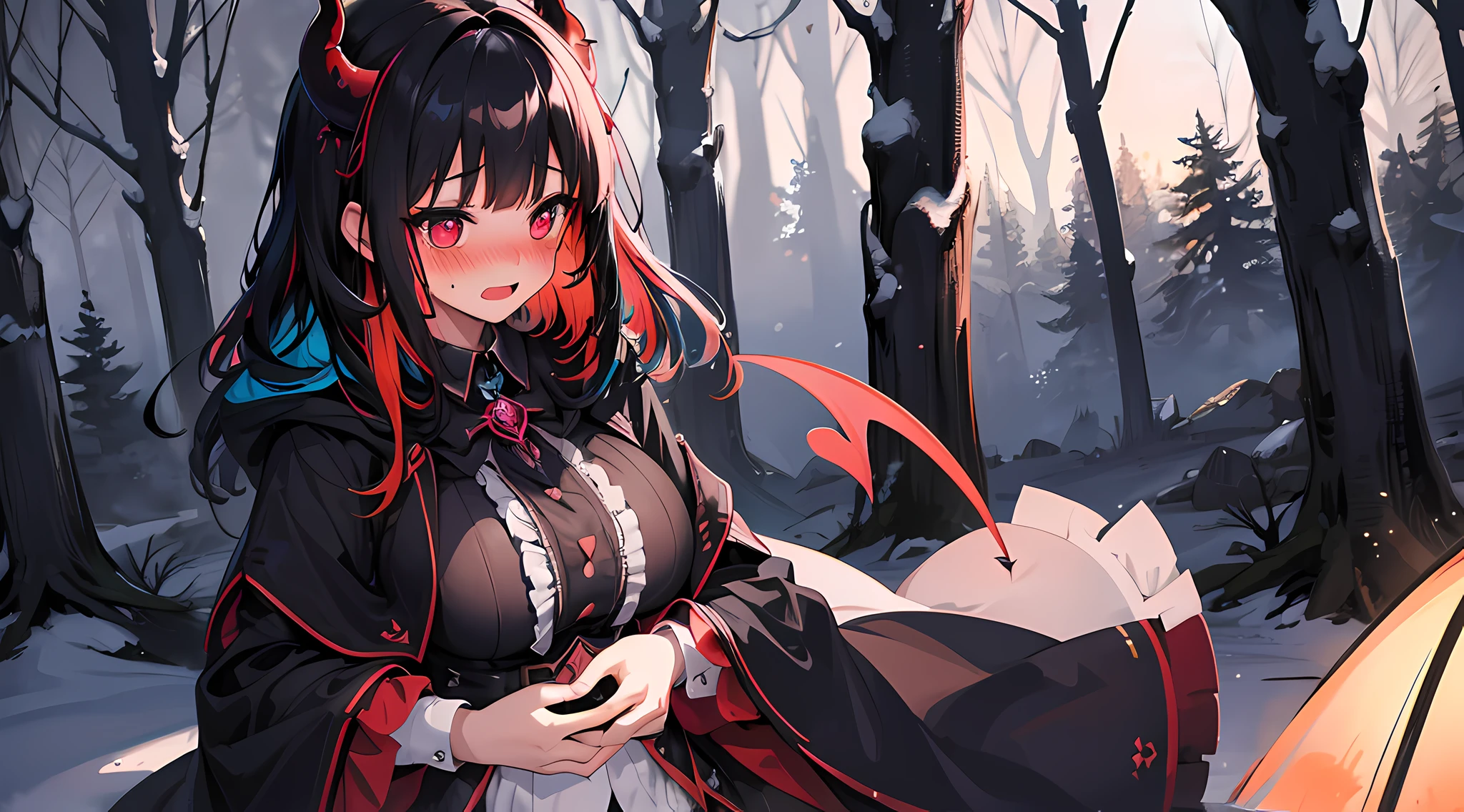 (1 demon girl), front lighting, demon horns, witch uniform, detailed face, camping in forest during winter, multicolored hair, black hairpins, (blushing: 1.5), open mouth, hand holding her breast, heart eyes, (full body:0.6), front lighting, 8k, masterpiece, ultra HD,