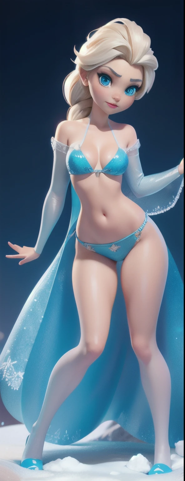 flush，elsa from frozen, perfect eyes,tiny-bikini, groin,full body，glitering smooth skin