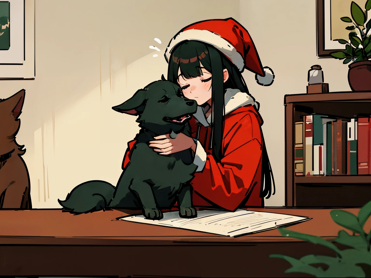 A 20-year-old black-haired woman petting a dog, Calm、Gentle light、black backgrounds、Coffee、head shot、Large houseplants、Lo-Fi Illustration、room with a low table、There are piles of books on the desk、a relaxing sight、Woman in hoodie、Red Santa Hat、looks sleepy、Green clothing、A big fluffy dog is sitting next to me.、Cute dog、golden coat dog、The dog is also wearing a Santa hat、The perfect dog