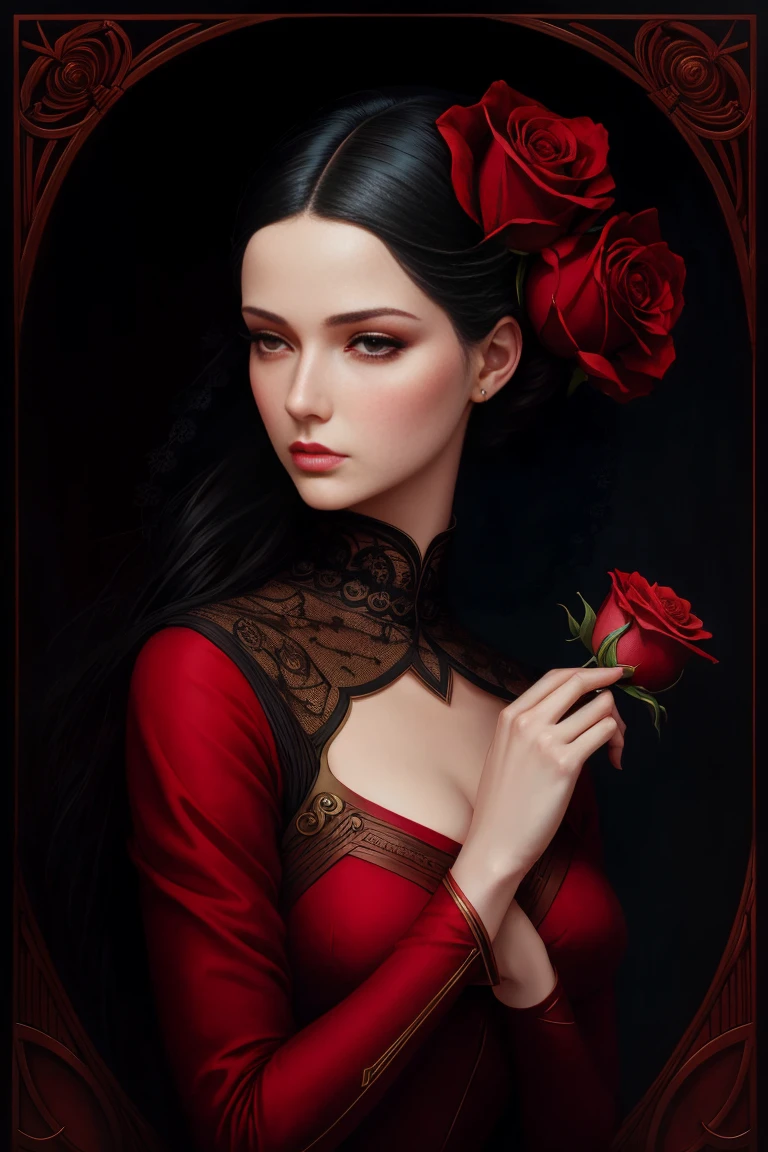 style Troy Brooks, Slava Fokk. Woman in a red dress with a rose in her hands., surreal painting by Martina Joanna, Presented at artstation, pop surrealism, artgerm and james jean, Natalie Shaw, Tom Bagshaw, Artstyle: Tom Bagshaw, tom bagshaw style, Art Tom Bagshaw, Tom Bagshaw Donato Giancola, Artgerm and Tom Bagshaw