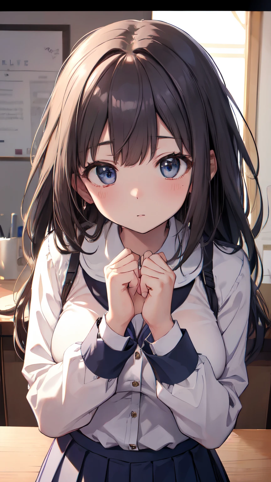 ultra-detailed、(8k, RAW photo, best quality, masterpiece:1.2), (extremely detailed 8k wallpaper),illustration、professional lighting,sharp focus, depth of field、
nsfw、clear eyes、perfect anatomia、girl with、ar old、ool uniform, blazer, school,, short skirt、cleavage cutout,Close-up on upper body、huge tit,hair adornments、Emphasizes cleavage、imminent kiss