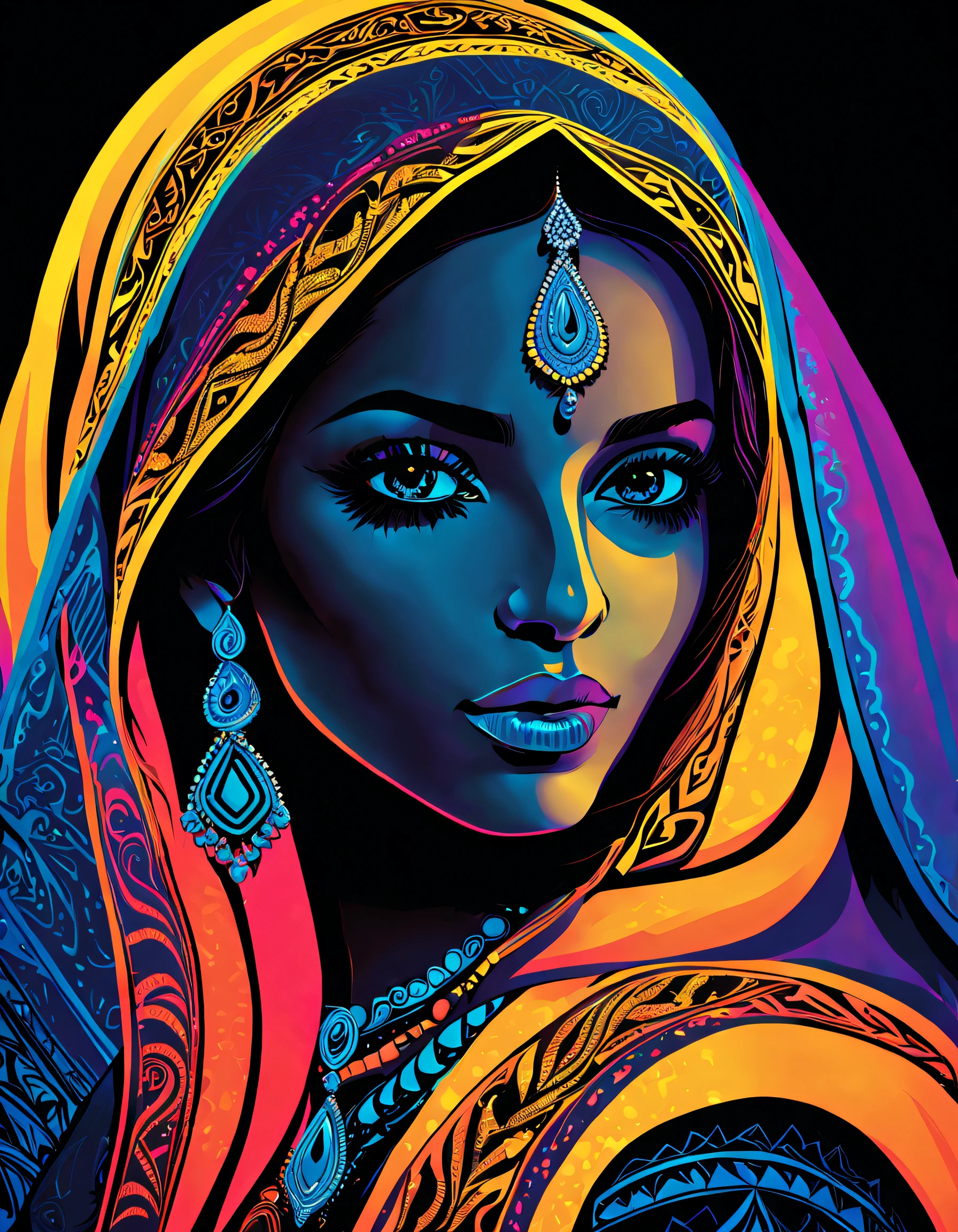 （Black light poster art )，（Arab woman），Black light poster art ，with black background，hight contrast, high saturated，