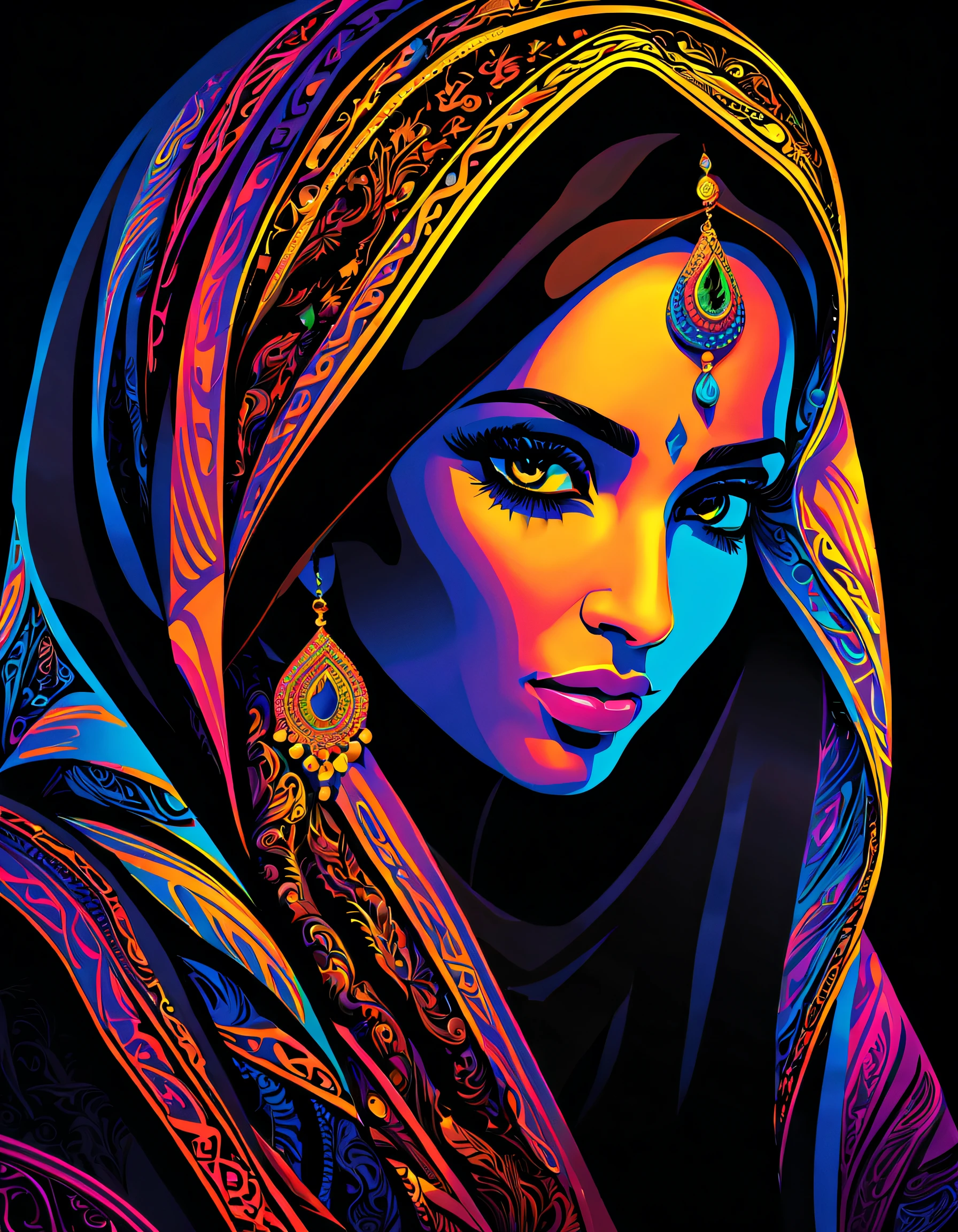 （Black light poster art )，（Arab woman），Black light poster art ，with black background，hight contrast, high saturated，