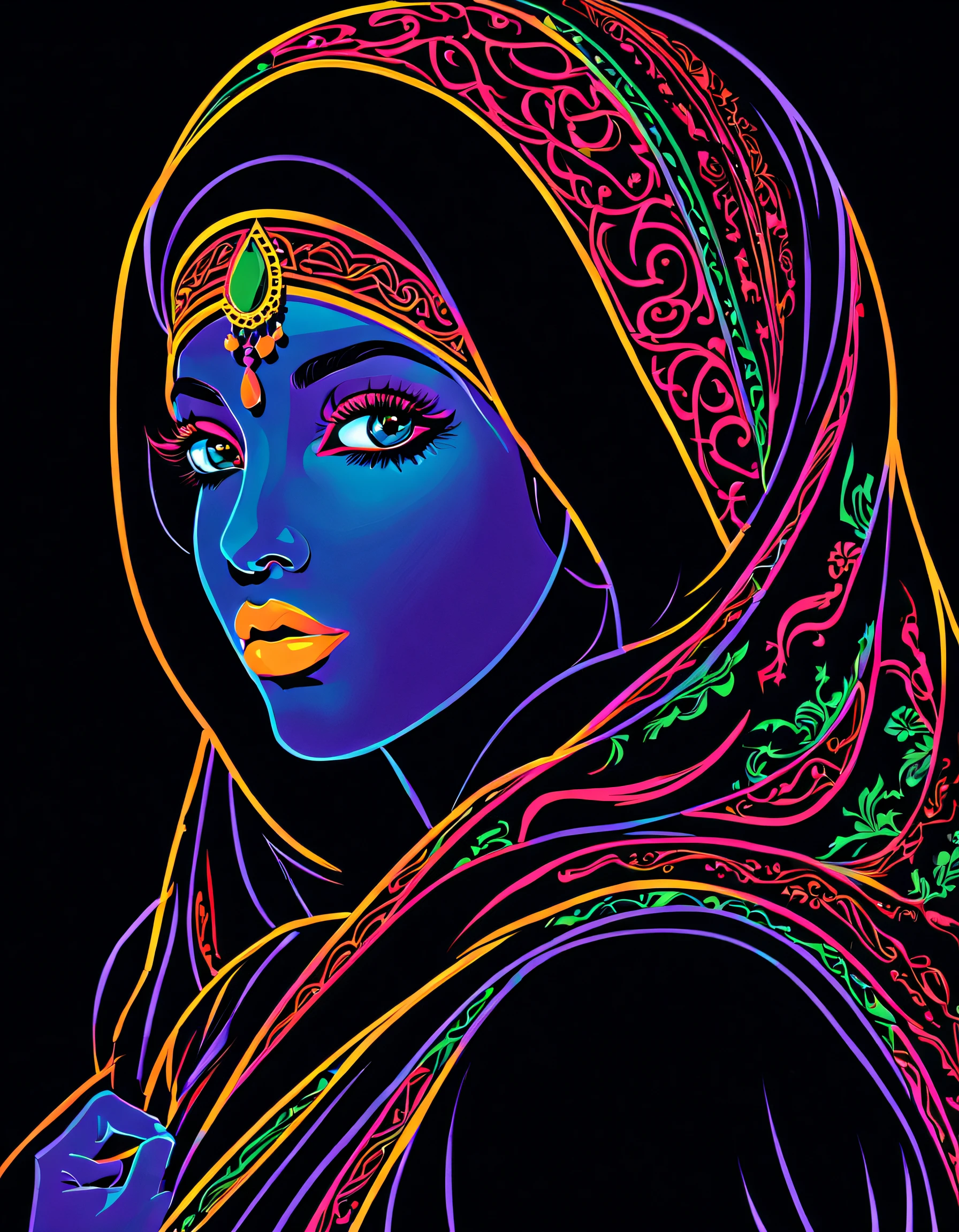 （Black light poster art )，（Arab woman），Black light poster art ，with black background，hight contrast, high saturated，