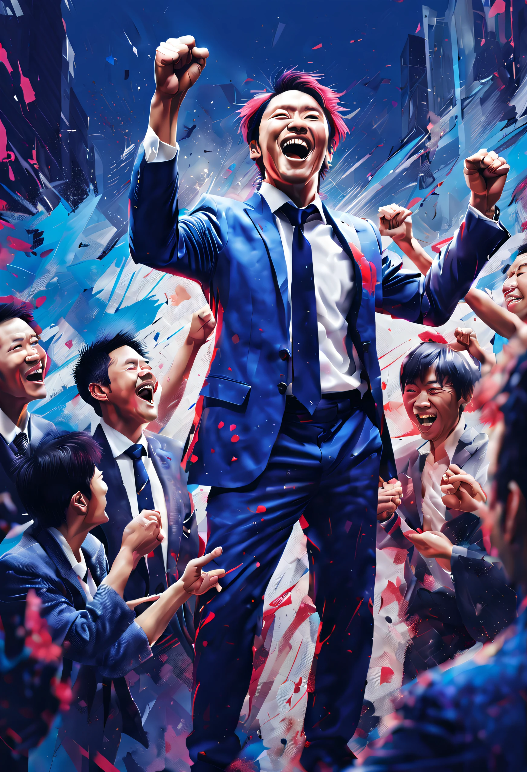 A young businessman who succeeds in self-growth、Create an image depicting your moment of success。Please provide an anatomically correct depiction of the body.。 The image has、Businessman feels confident and satisfied、he is shown doing a fist pump, and the people around him々ha、、His colleagues and leaders surrounded him with excitement and smiles.、It would be great to see some support.。 、Pay attention to the background and props。Finally、Success conveys joy and hope..、Please provide images with a bright and positive atmosphere..。、Sharp Focus, Illustration, art by carne griffiths and wadim kashin, graffiti airbrush techniques, High Definition, Accent Lighting, Contrast with bright paint colors、Deep Depth Of Field、masutepiece、highcontrast、ultra-detailliert、