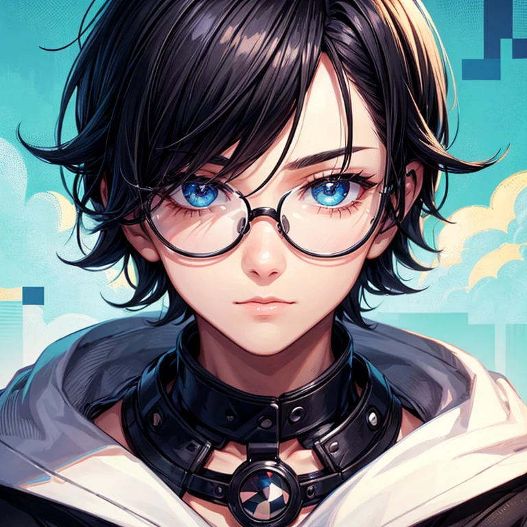 Pix，Pixel art，1boys，close up of head，black colored hair，short detailed hair，Colorful background，Radial lines,eye glass，twinks